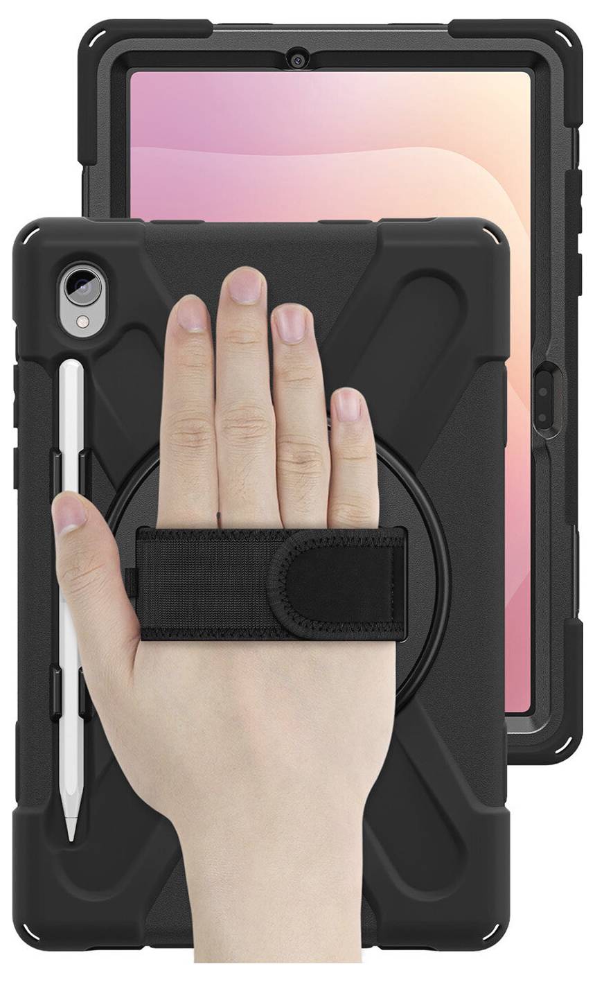 Schwarze robuste Tablet-Schutzhülle mit integriertem Handgriff und Stylus-Halter, von vorne und hinten auf einem tragbaren Tablet dargestellt.