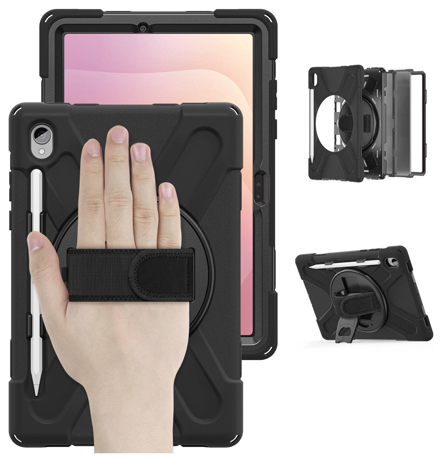 Schwarzes robustes Tablet-Etui mit Handgriff und integriertem Ständer, dargestellt beim Schutz eines Tablets mit Vorder-, Rück- und Seitenansichten.