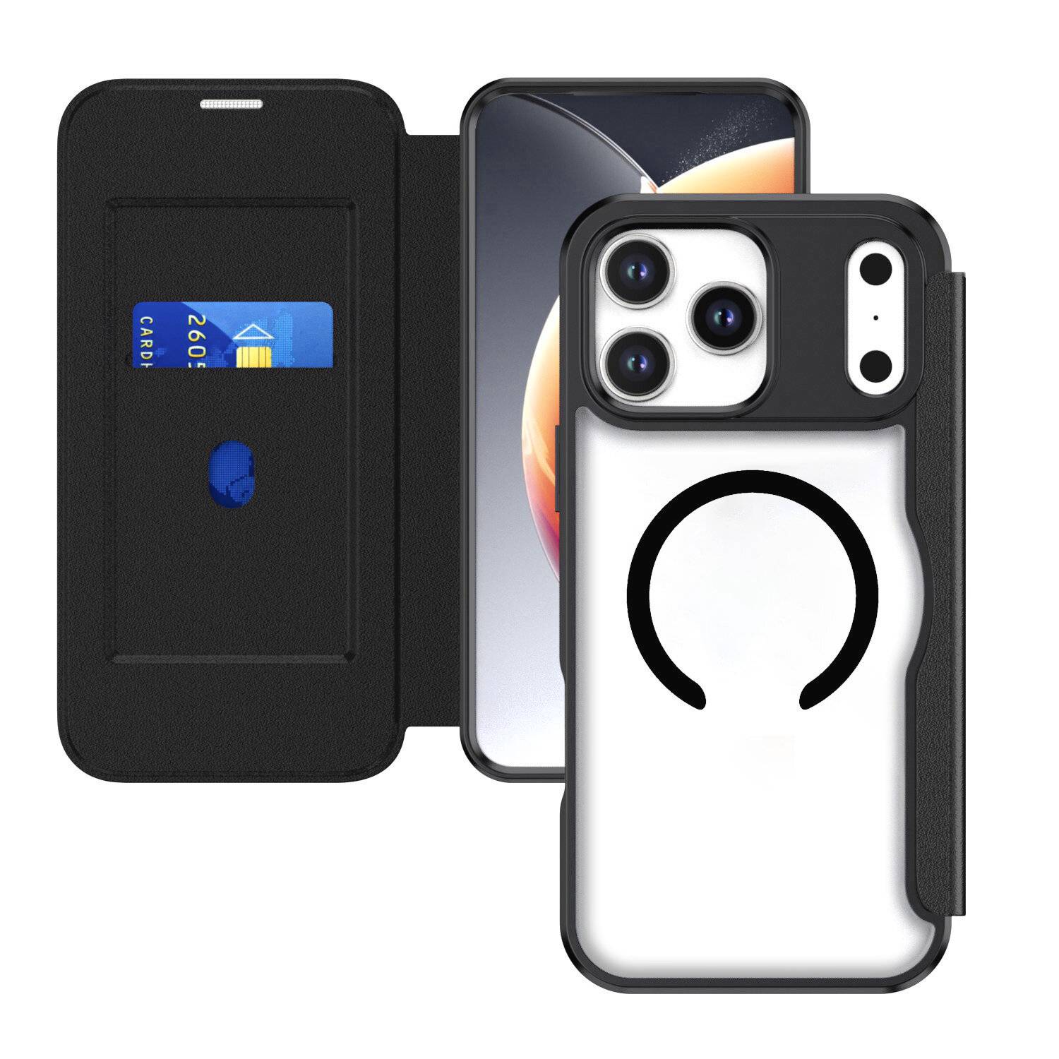 Schwarzes Folio-Style-iPhone-Etui, offen dargestellt mit Kartenfach, neben dem Telefon, und Rückansicht mit MagSafe-Ringausstattung und Kameraausschnitt.