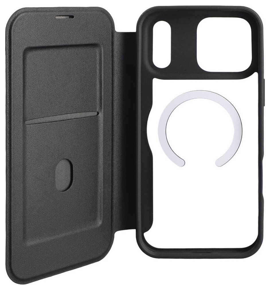 Schwarze Smartphone-Geldbörsen-Schutzhülle in geöffnetem Zustand, mit Kartenfach in der inneren Vorderseite und einer weißen Innenhülle mit kreisförmiger MagSafe-ähnlicher Ringaussparung.