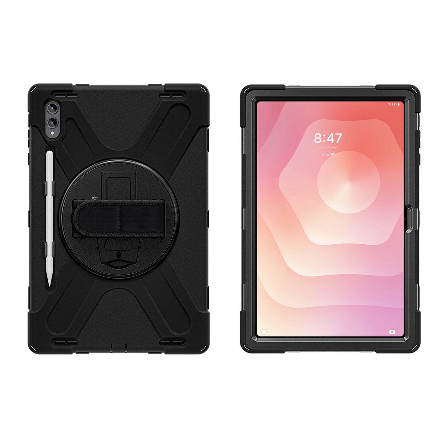 Schwarzes robustes Tablet-Etui mit integriertem Handgriff und Stifthalter, von vorne und hinten gezeigt, mit sichtbarem iPad-Bildschirm.