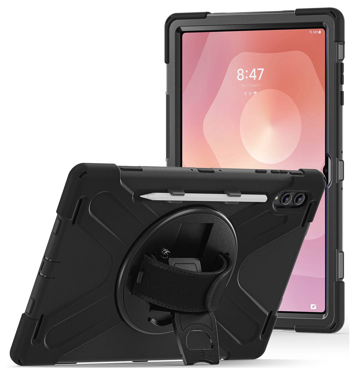 Zwei robuste Tablet-Schutzhüllen, eine Vorderansicht und eine Rückansicht mit rotierendem Handgriff und Ständer, dargestellt auf einem Tablet mit eingeschaltetem Display.