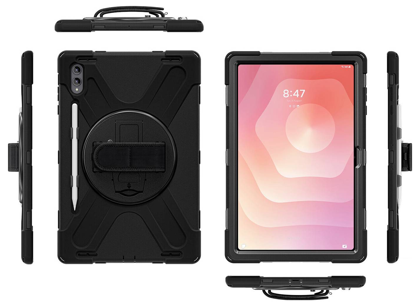 Schwarze robuste Tablet-Schutzhülle, gezeigt aus mehreren Blickwinkeln, mit Handschlaufe, integriertem Stifthalter und oberen/unteren Griffen auf einem Tablet mit rosa Startbildschirm.