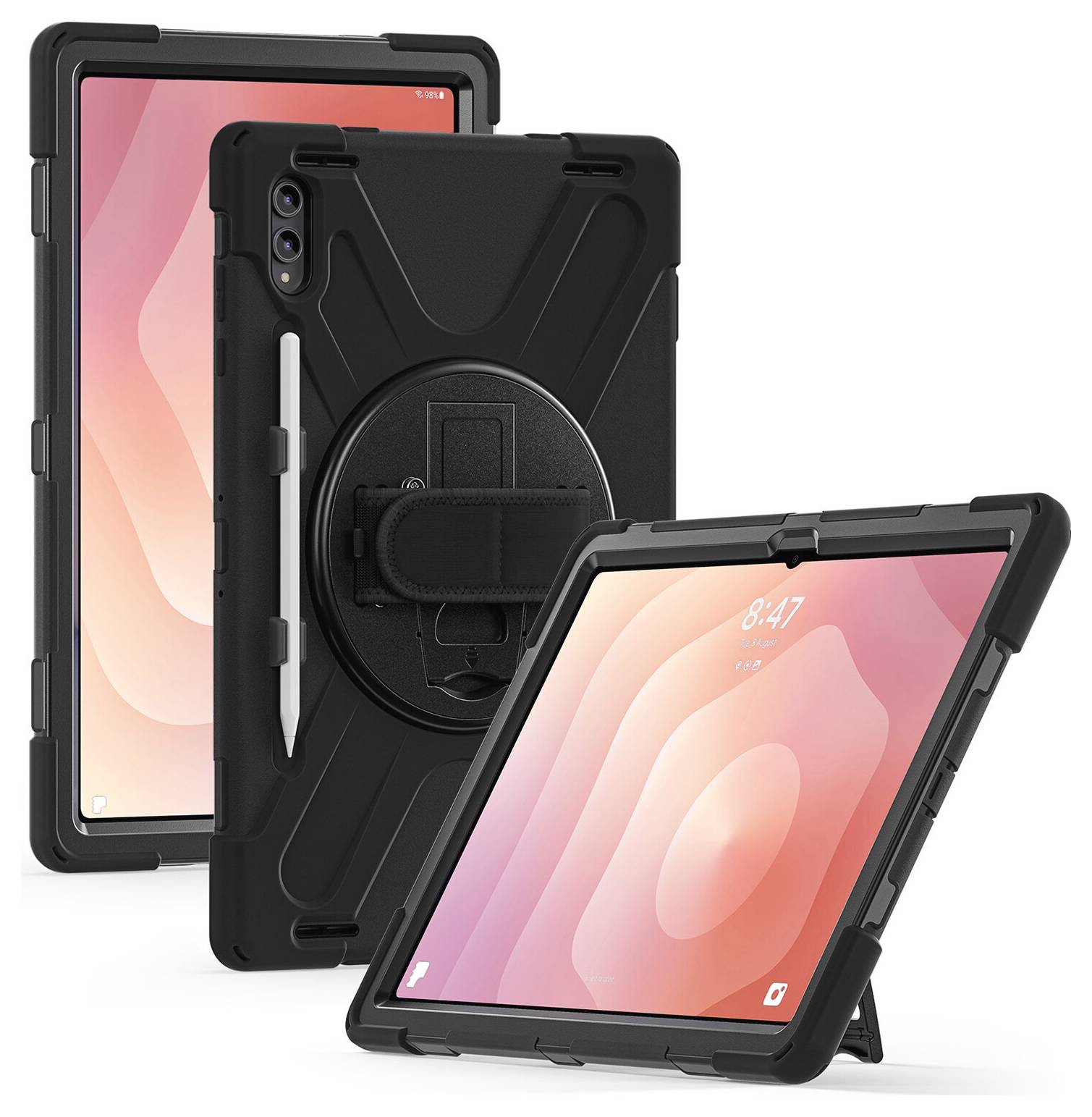 Drei Ansichten einer robusten schwarzen Tablet-Schutzhülle mit integriertem Handgriff, Ständer und Stylus-Halter, gezeigt von vorne, hinten und in angewinkelter offener Position.