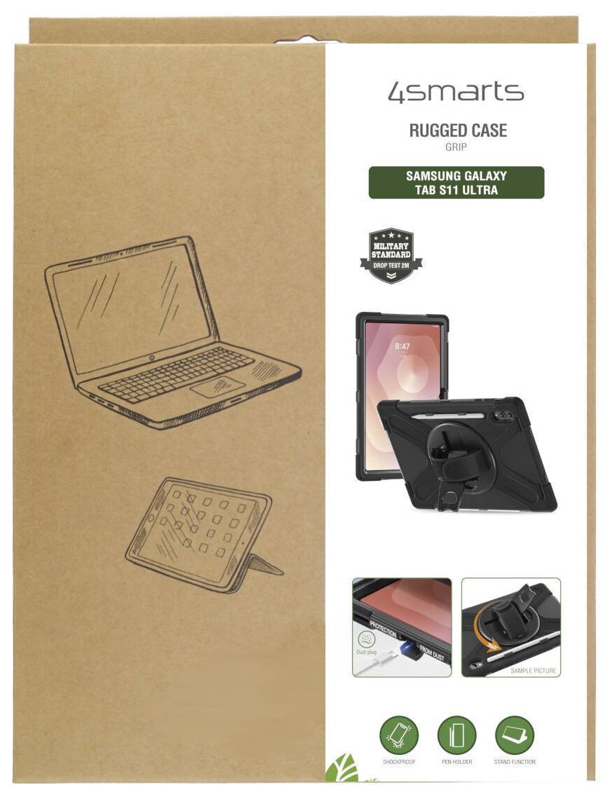 Verpackung für 4smarts robustes Schutzetui mit Griffschutz für Samsung Galaxy Tab S11 Ultra, zeigt den Tablett-Schutz und Ständer-/Handgriff-Funktionen.