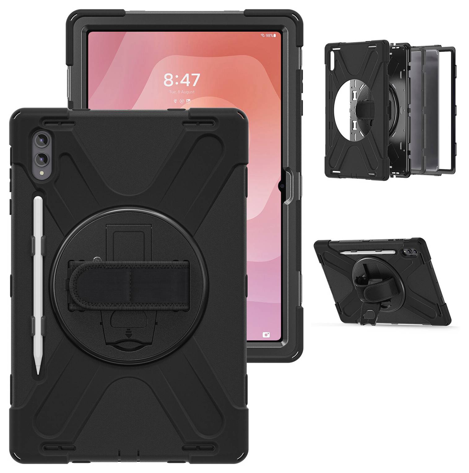 Schwarze robuste Tablet-Schutzhülle mit integriertem Handgriff und Ständer, abgebildet von vorne, von hinten und aufgeklappt mit einem Tablet im Inneren.