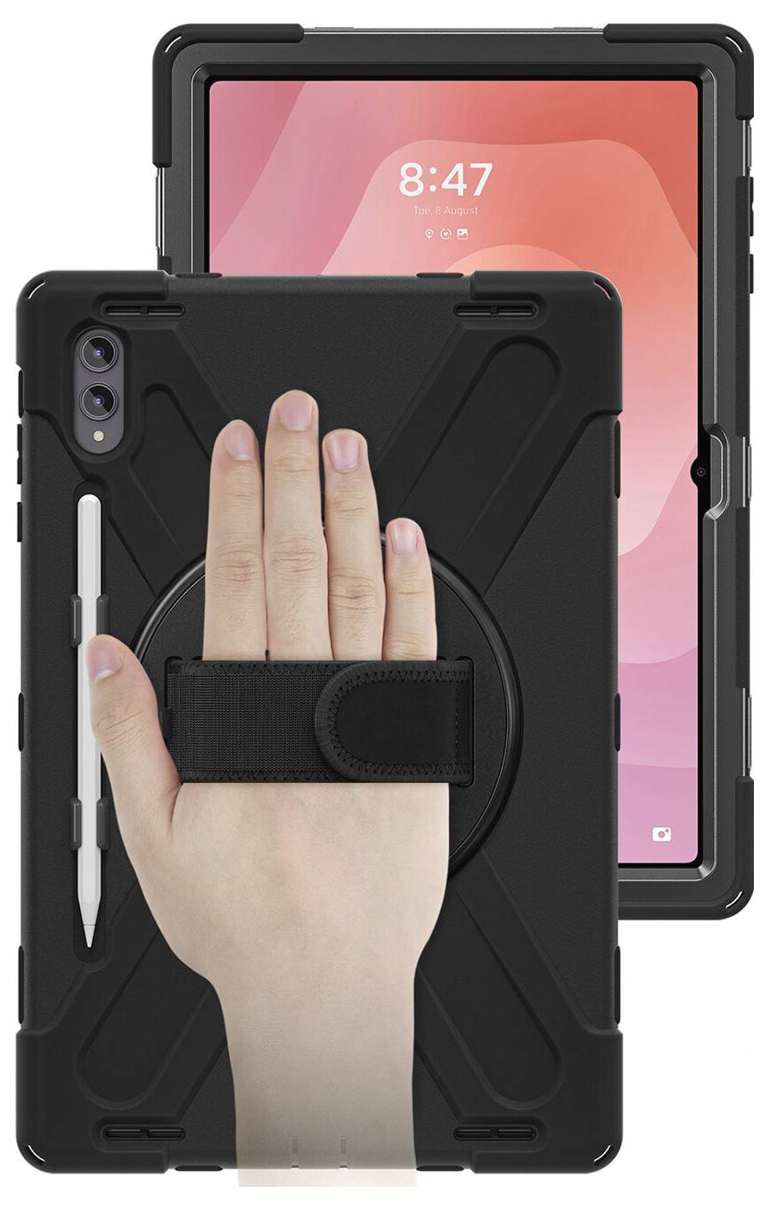 Tablet in einem robusten schwarzen Gehäuse mit integriertem Stylus-Halter, vorderer Handschlaufe und Hand, die es im Hochformat hält