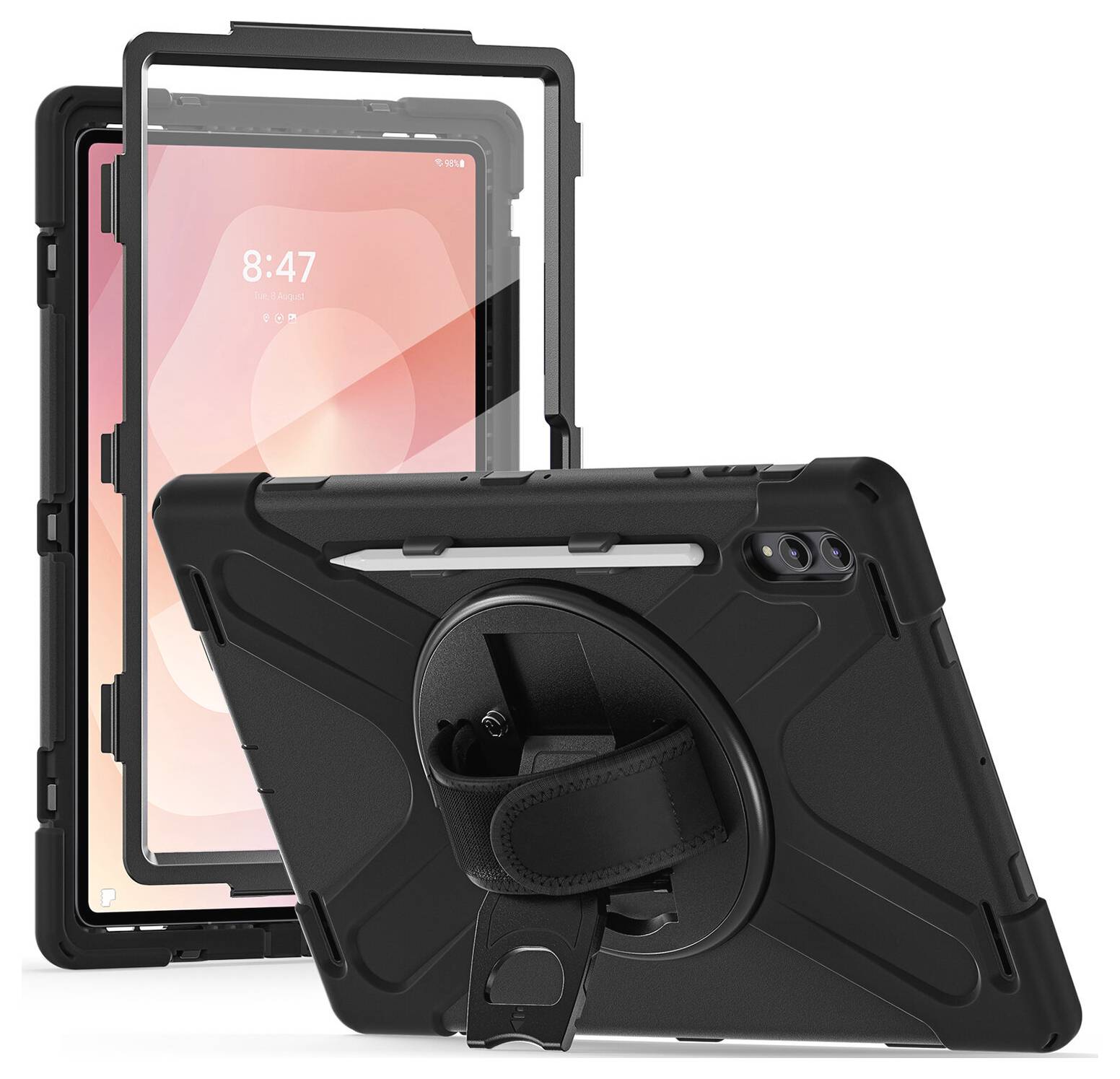 Schwarze robuste Tablet-Schutzhülle mit integriertem drehbarem Handgriff und Ständer, gezeigt mit Tablet von vorne und hinten, um Schutz und Griffigkeit hervorzuheben.