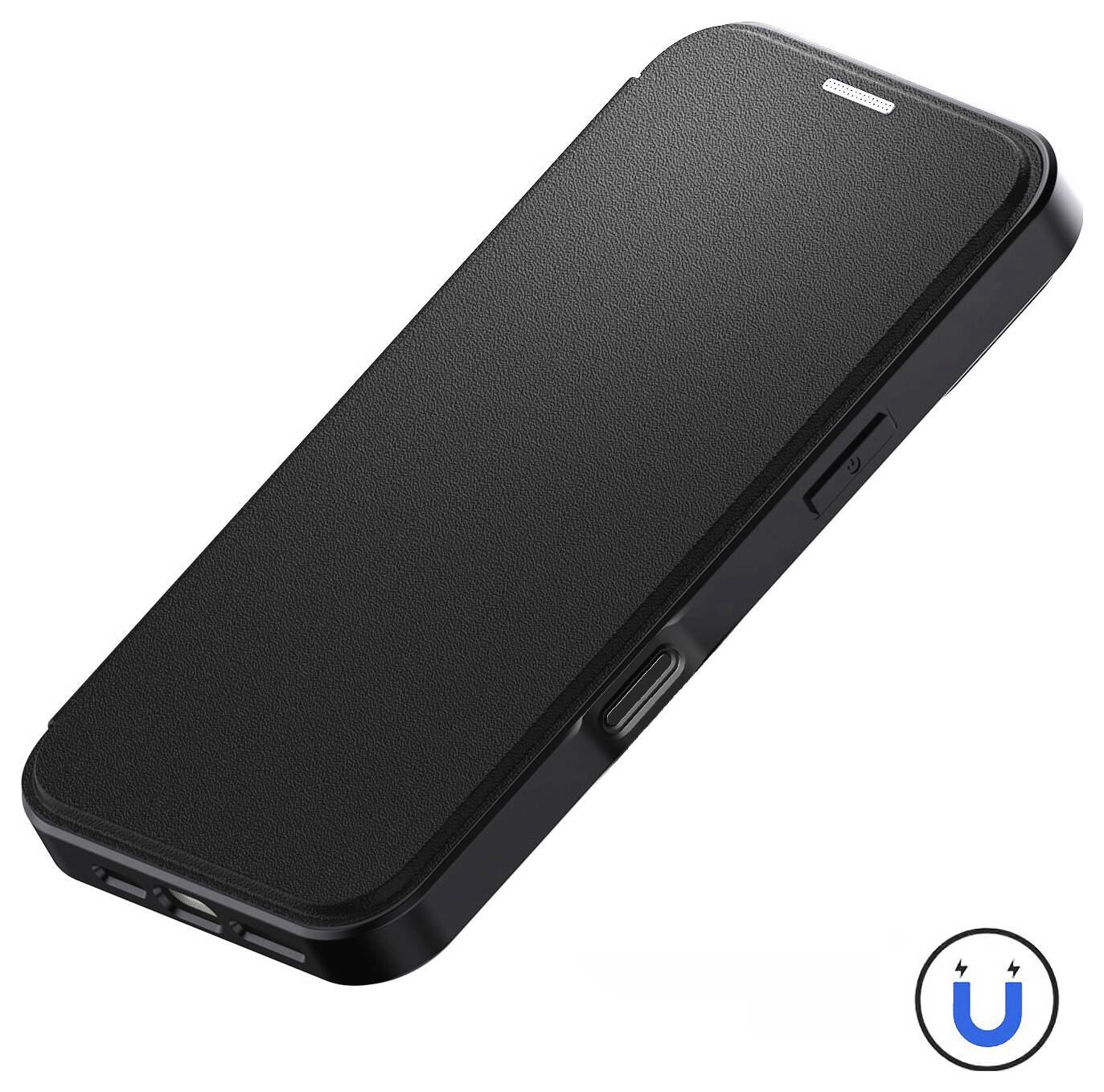 Schwarze Smartphone-Klapphülle, geschlossen in schräger Perspektive dargestellt, mit strukturierter Vorderseite und sichtbaren Seitenschnitten/Tasten.