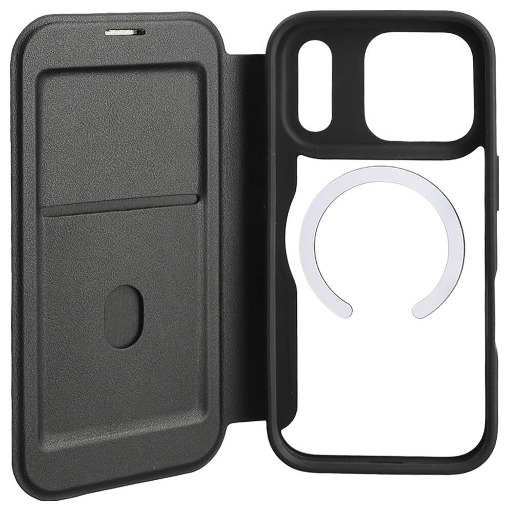 Aufgeklapptes schwarzes Smartphone-Folio-Case mit Kartentasche und Kameraausschnitten, neben einem MagSafe-ähnlichen Ring-Einsatz.