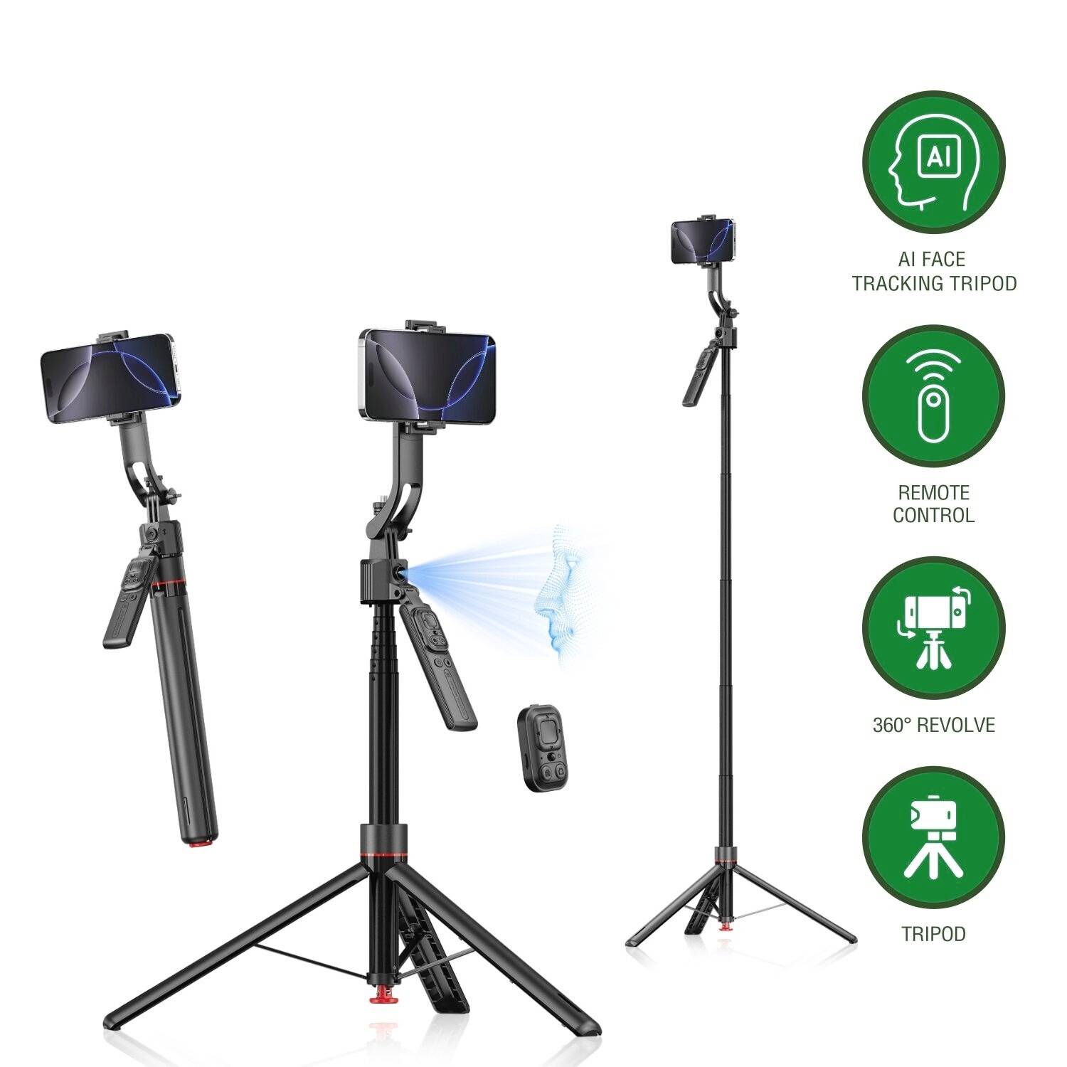 Produktbild eines Smartphone-Stativs mit KI-Gesichtsverfolgung, Fernbedienung, 360-Grad-Rotation und verstellbarem Stativständer.