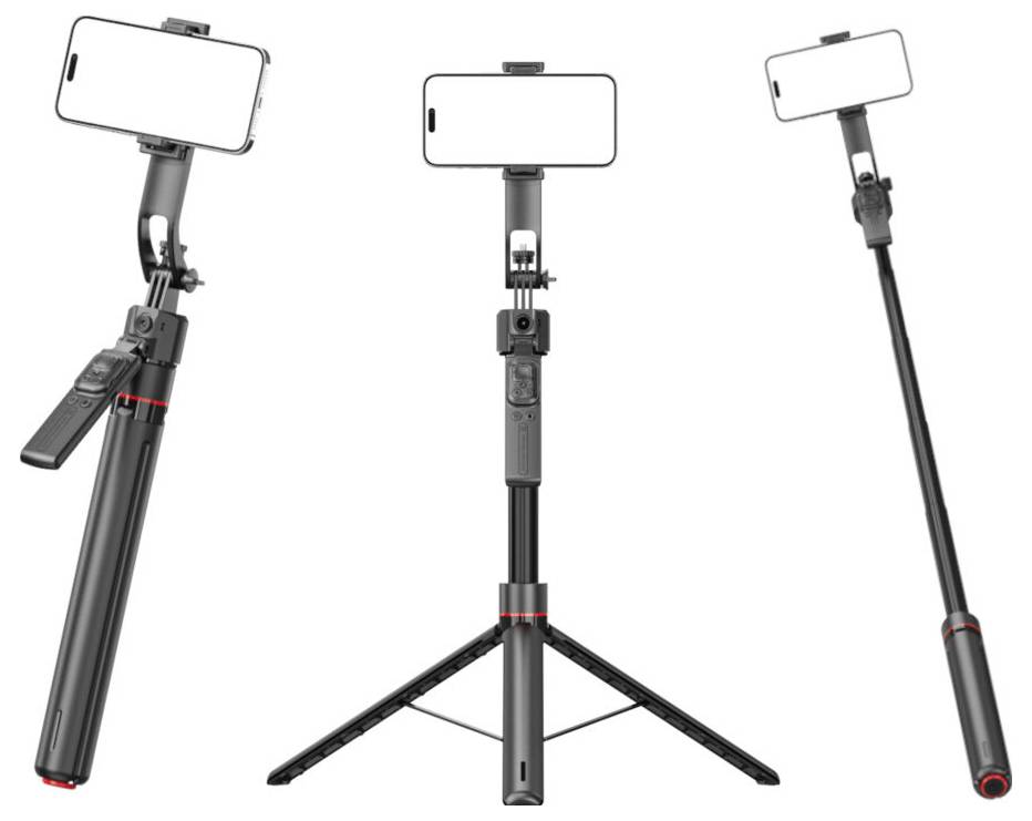 Verstellbarer Dreibein-Selfiestab mit Smartphone-Halterung, dargestellt in drei Positionen: zusammengeklappt, auf Dreibeinbeinen geöffnet und in einem Winkel ausgefahren.