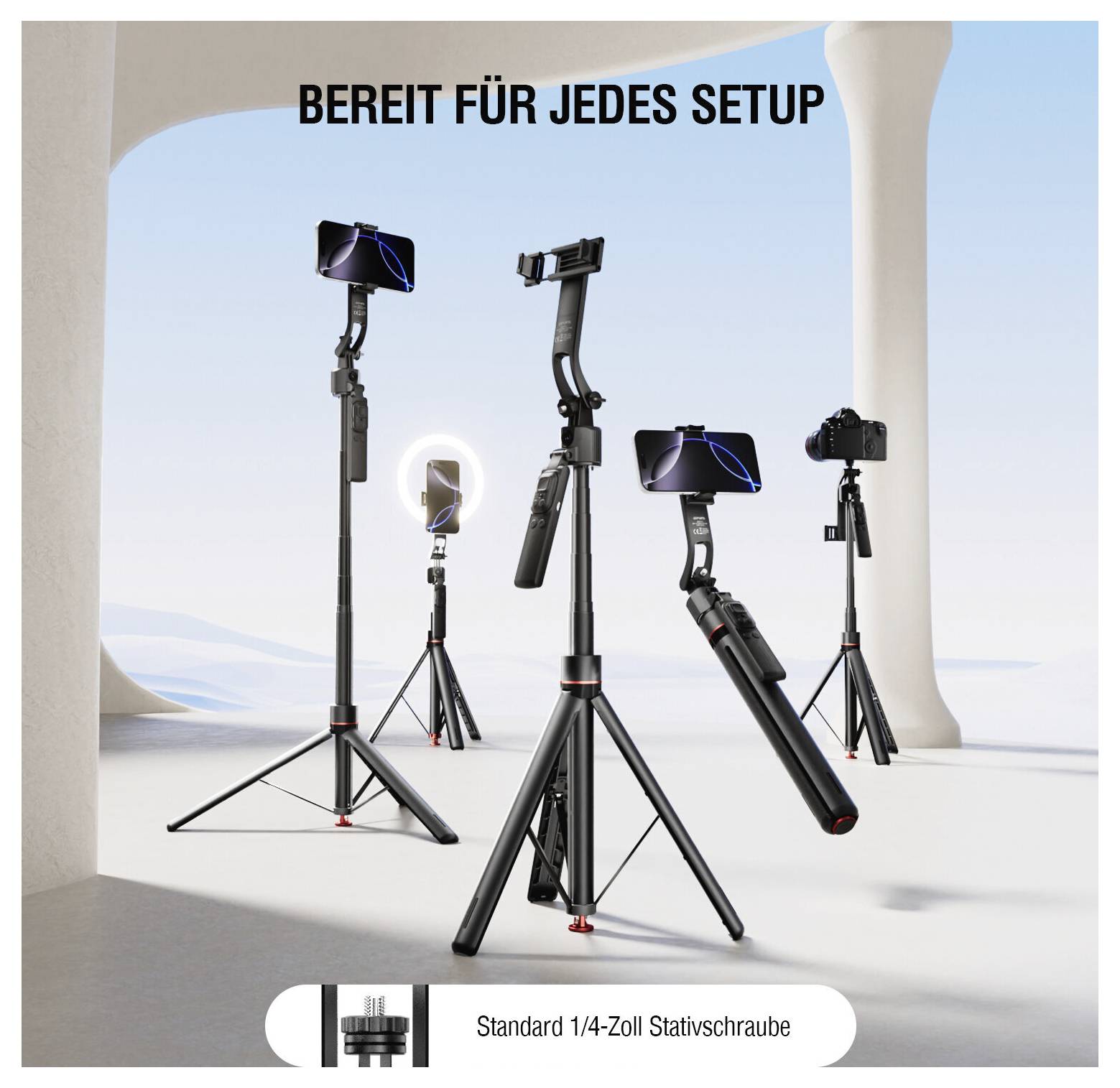 Werbebild mehrerer Kamera- und Smartphone-Halterungen auf Stativen, mit der Überschrift „BEREIT FÜR JEDES SETUP" und dem Untertitel „Standard 1/4-Zoll-Stativschraube".