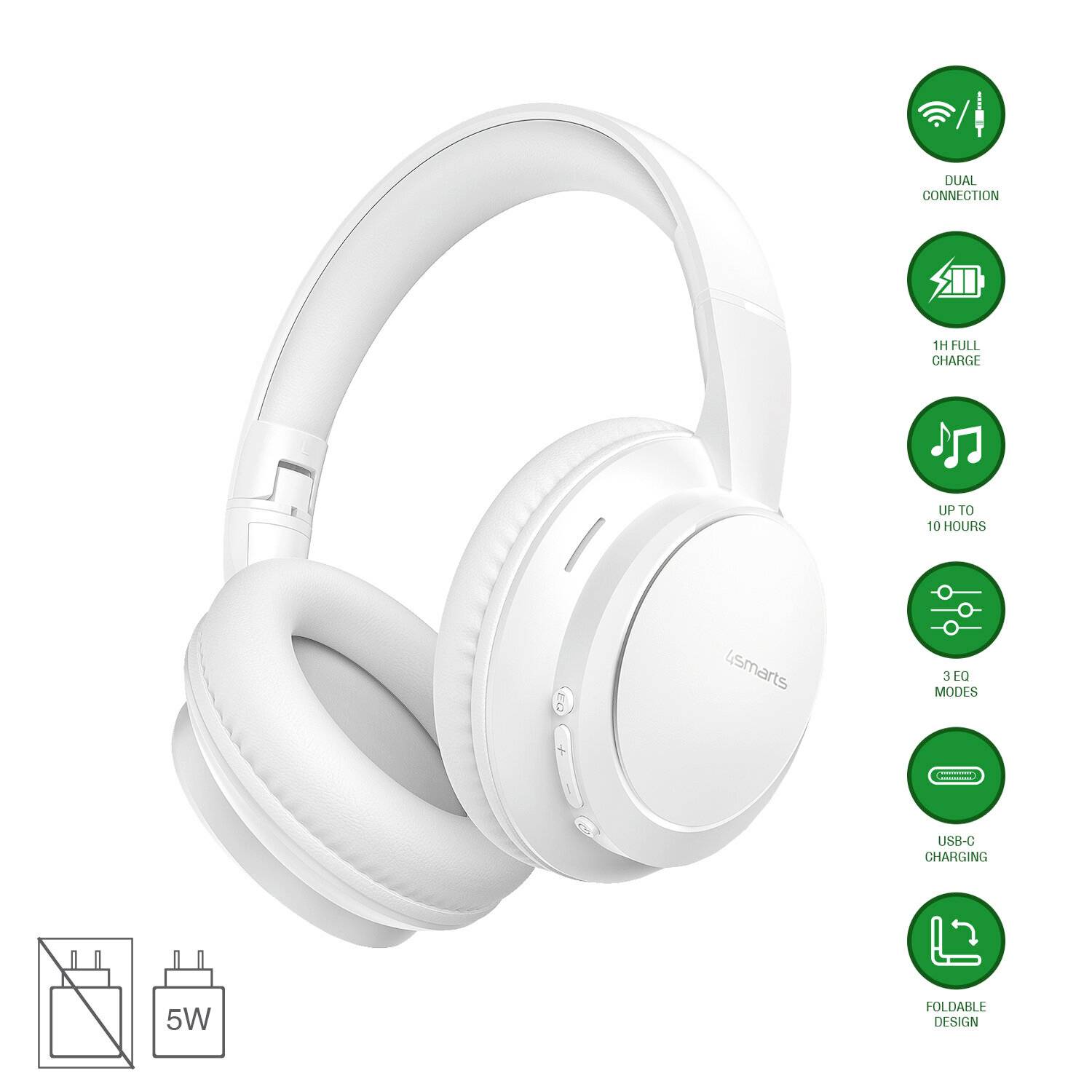 Weiße Over-Ear-Kopfhörer mit Wireless-Funktion, faltbares Design, Dual-Verbindung, 1 Stunde Vollladung, bis zu 10 Stunden Spielzeit, 3 EQ-Modi und USB-C-Ladung.