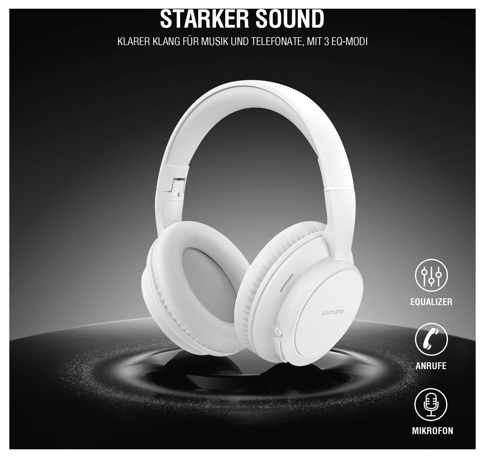 Weiße Over-Ear-Kopfhörer mit dem Text „Starker Sound" und „Klarer Klang für Musik und Telefonate, mit 3 EQ-Modi"; Equalizer-, Anrufe- und Mikrofon-Symbole zeigen die Funktionen.