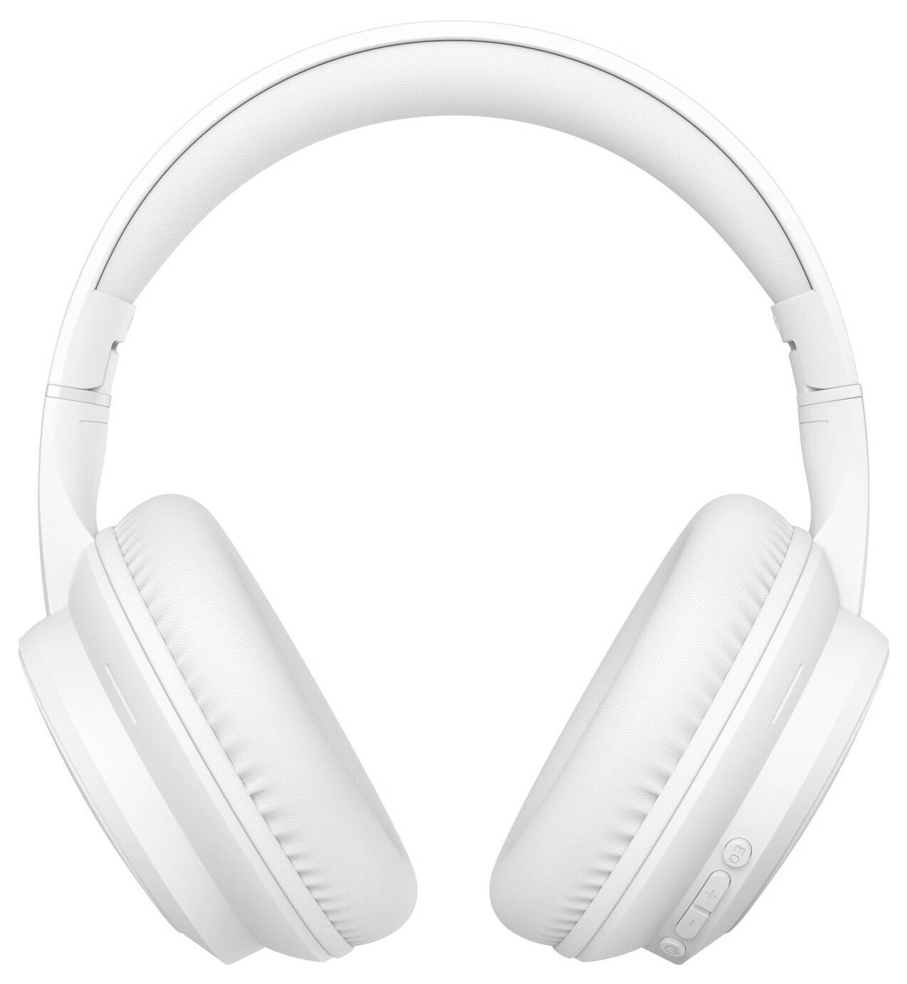 Weiße Over-Ear-Kopfhörer mit Polsterung und verstellbarem Kopfbügel auf weißem Hintergrund.