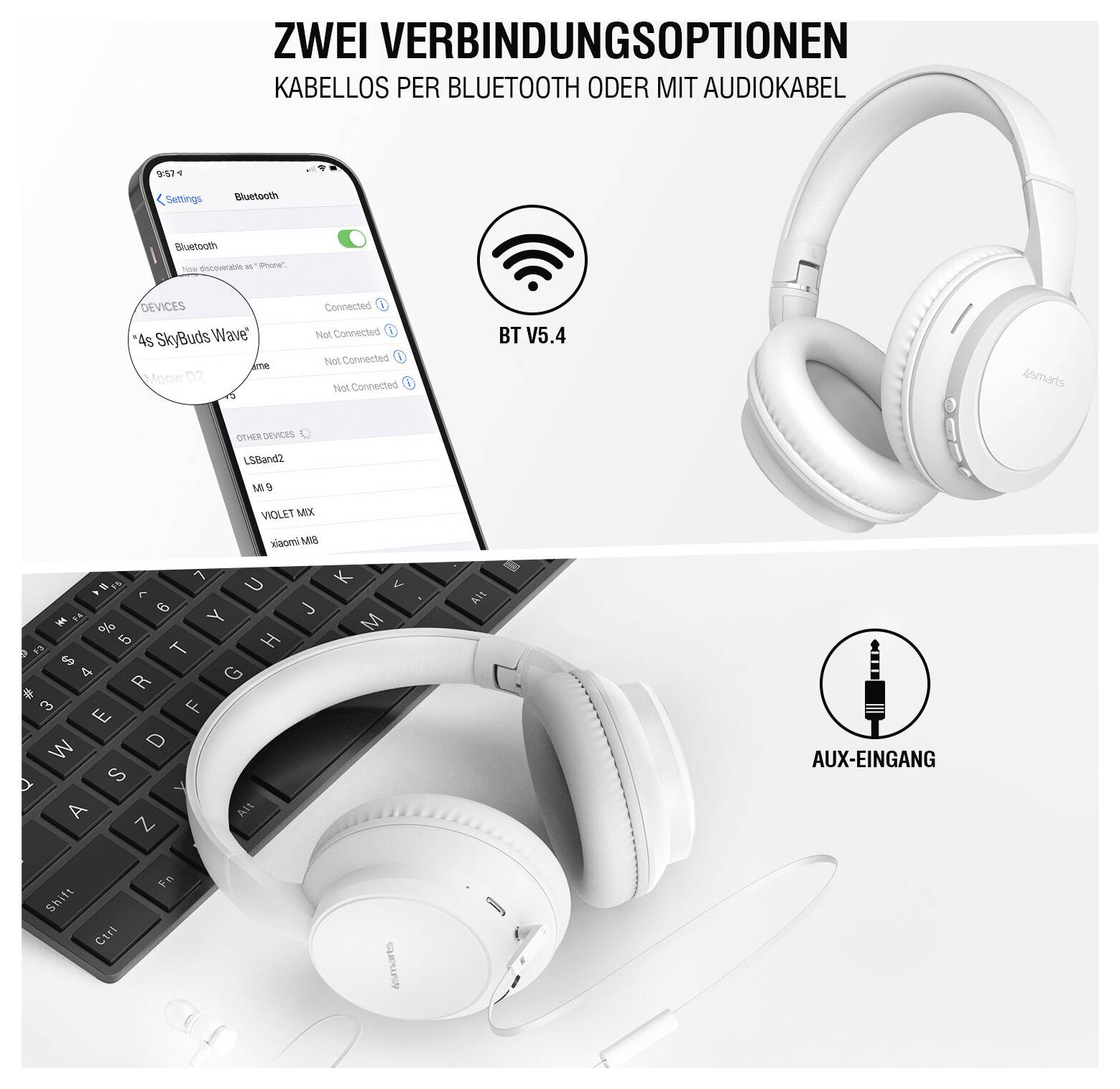 Werbegrafikzeige von weißen Over-Ear-Kopfhörern mit zwei Verbindungsoptionen: Bluetooth 5.4 oder kabelgebunden über AUX-Eingang, dargestellt mit einem Smartphone, Bluetooth-Symbol und Laptop.