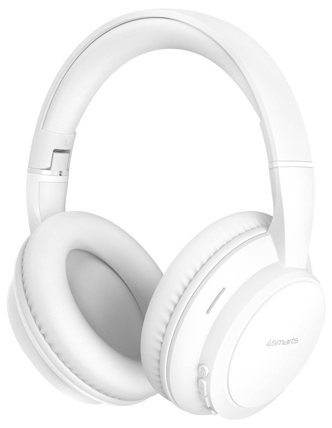 Weiße kabellose Over-Ear-Kopfhörer mit gepolsterten Ohrmuscheln und verstellbarem Kopfbügel, gezeigt auf einfachem Hintergrund.