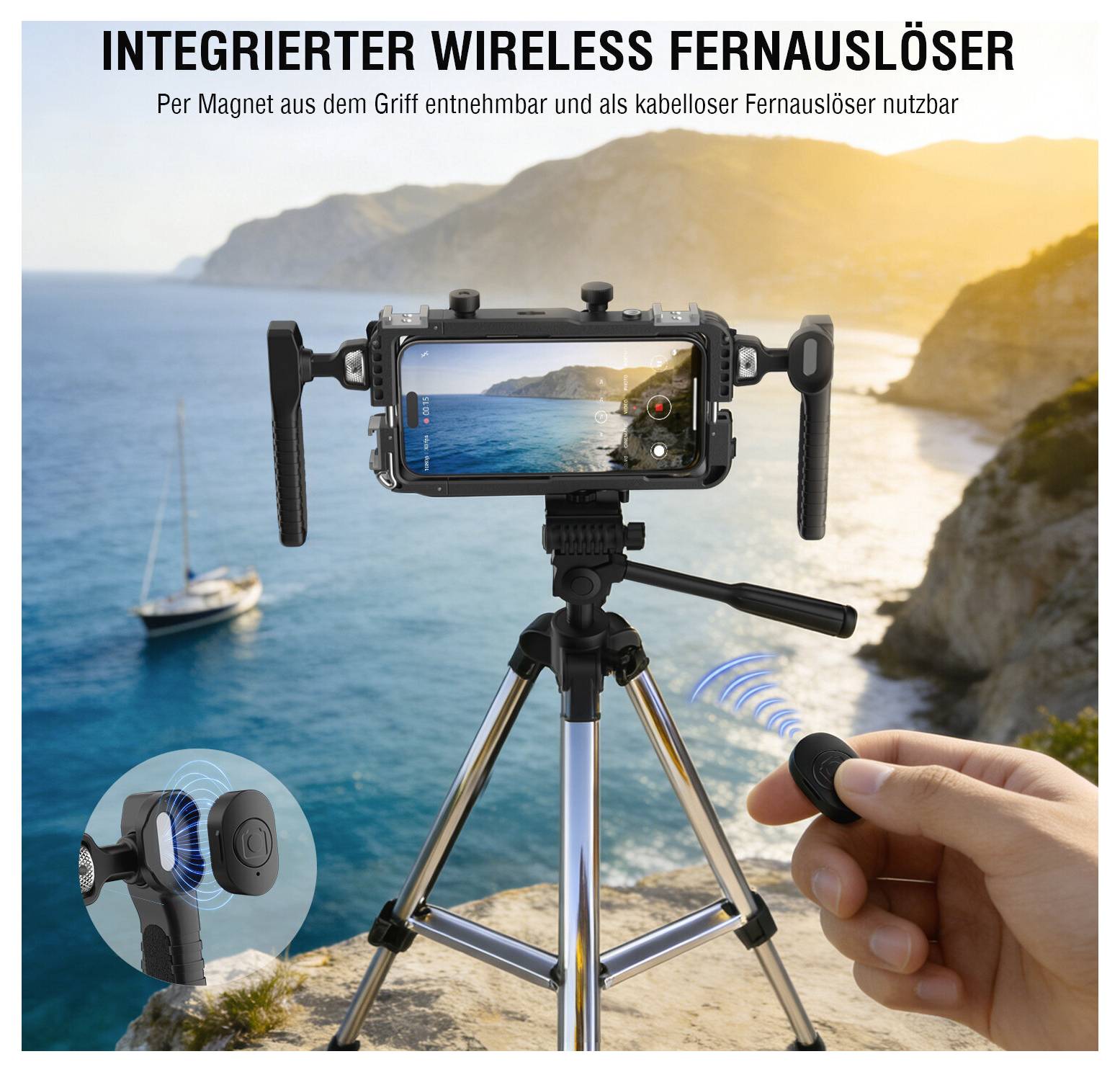 Kamera auf Stativ montiert mit integrierter drahtloser Fernbedienung; eine Hand hält die Fernbedienung in der Nähe einer Küstensuntergangsszene, mit deutschem Text, der die abnehmbare magnetische Verwendung bewirbt.
