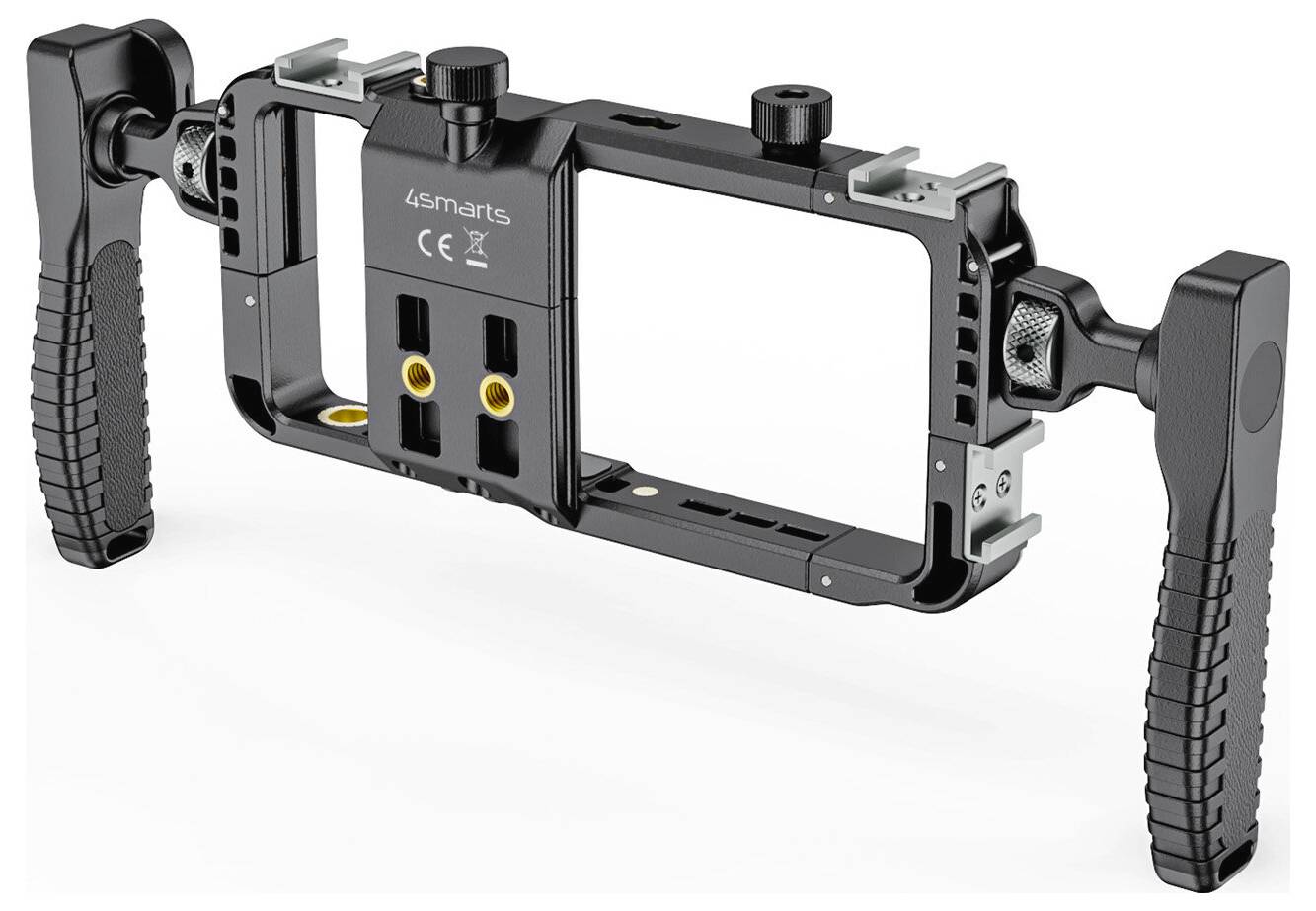 Schwarzer Smartphone-Video-Rig/Käfig mit zwei seitlichen Griffen und verstellbarem Montagerahmen zum Filmen