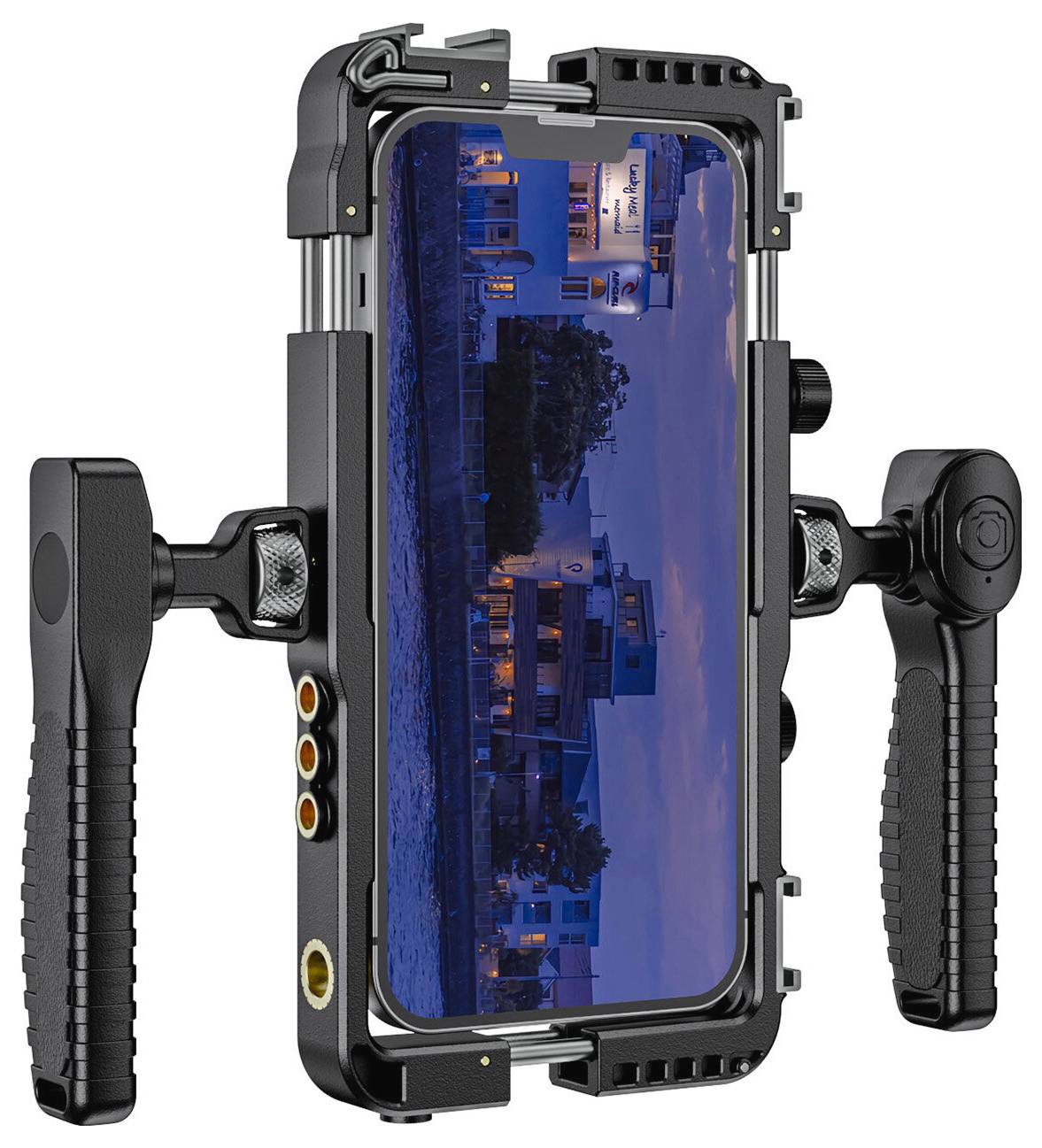 Smartphone in einem robusten Rahmen mit Doppelgriffen montiert und eine Landschaftsstadtansicht auf dem Bildschirm angezeigt.