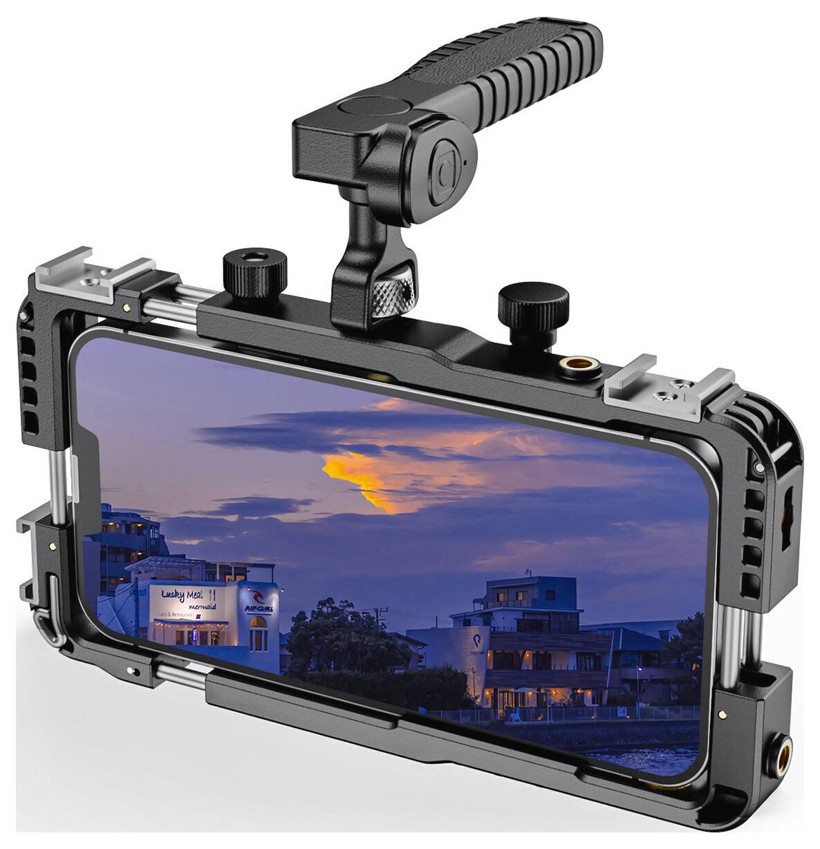 Ein Smartphone in einem robusten Kamerakäfig mit Griff oben, dargestellt als mobiles Filmrig.