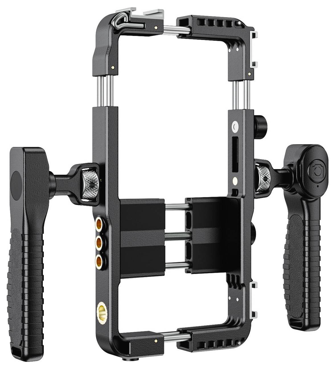 Smartphone-Käfig aus schwarzem Metall mit doppelten seitlichen Griffen und Montagrahmen zum Videofilmen