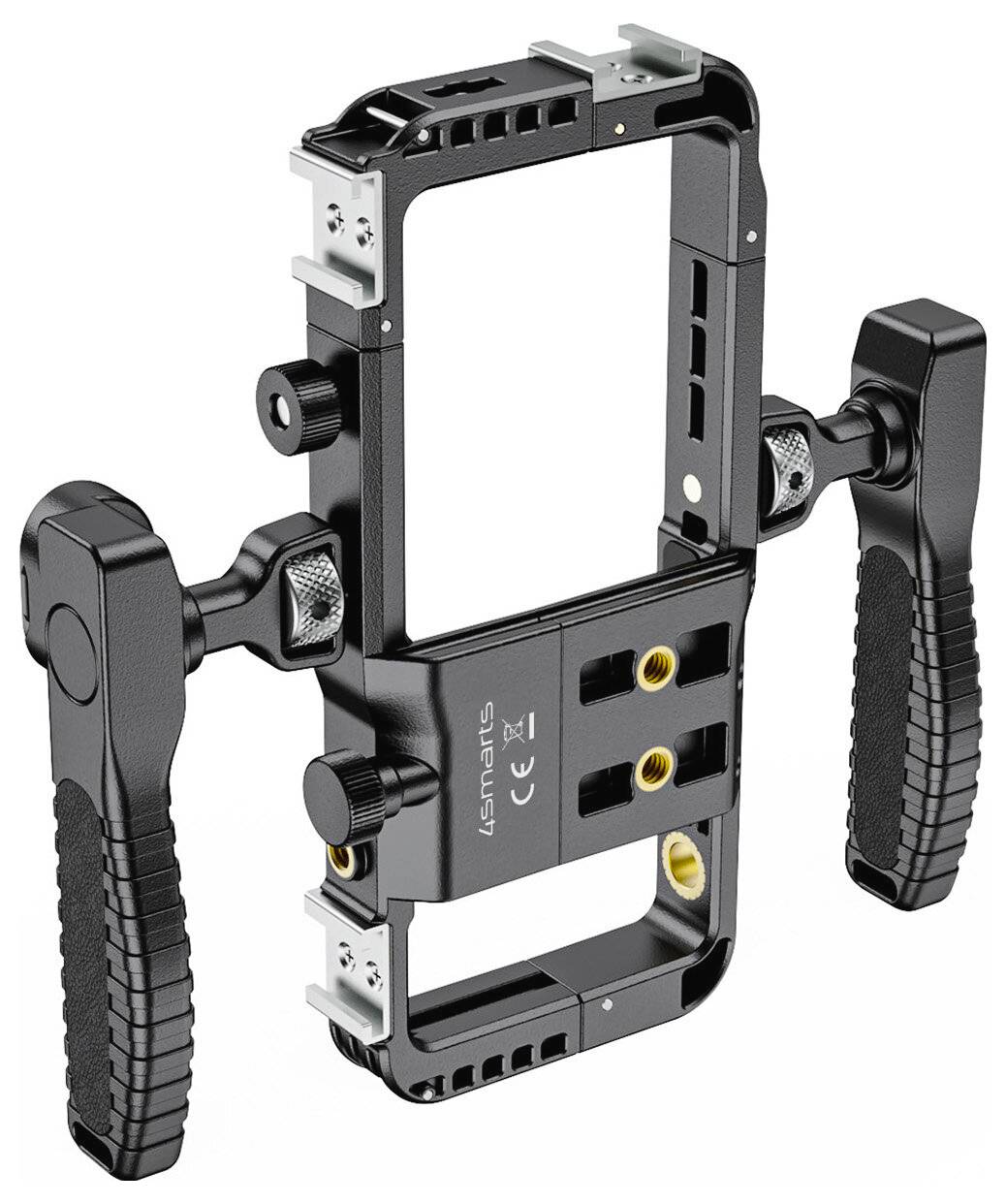 Schwarzer Smartphone-/Video-Rig-Käfig mit zwei Seitengriffen und mehreren Montagelöchern für Filmzubehör.