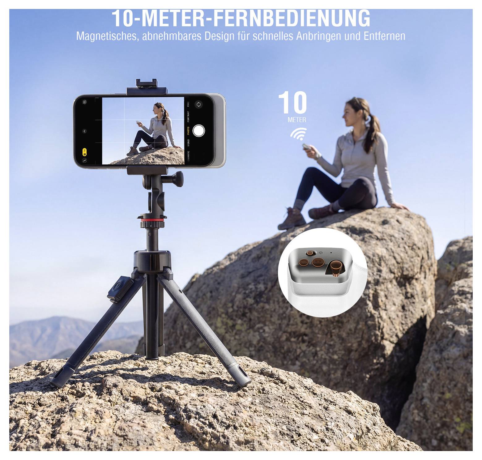 Werbebild eines Stativ-Handyhalters mit magnetischer Fernbedienung, beschriftet mit „10-METER-FERNBEDIENUNG" und „Magnetisches, abnehmbares Design für schnelles Anbringen und Entfernen"; eine Frau sitzt auf einem Stein im Hintergrund.