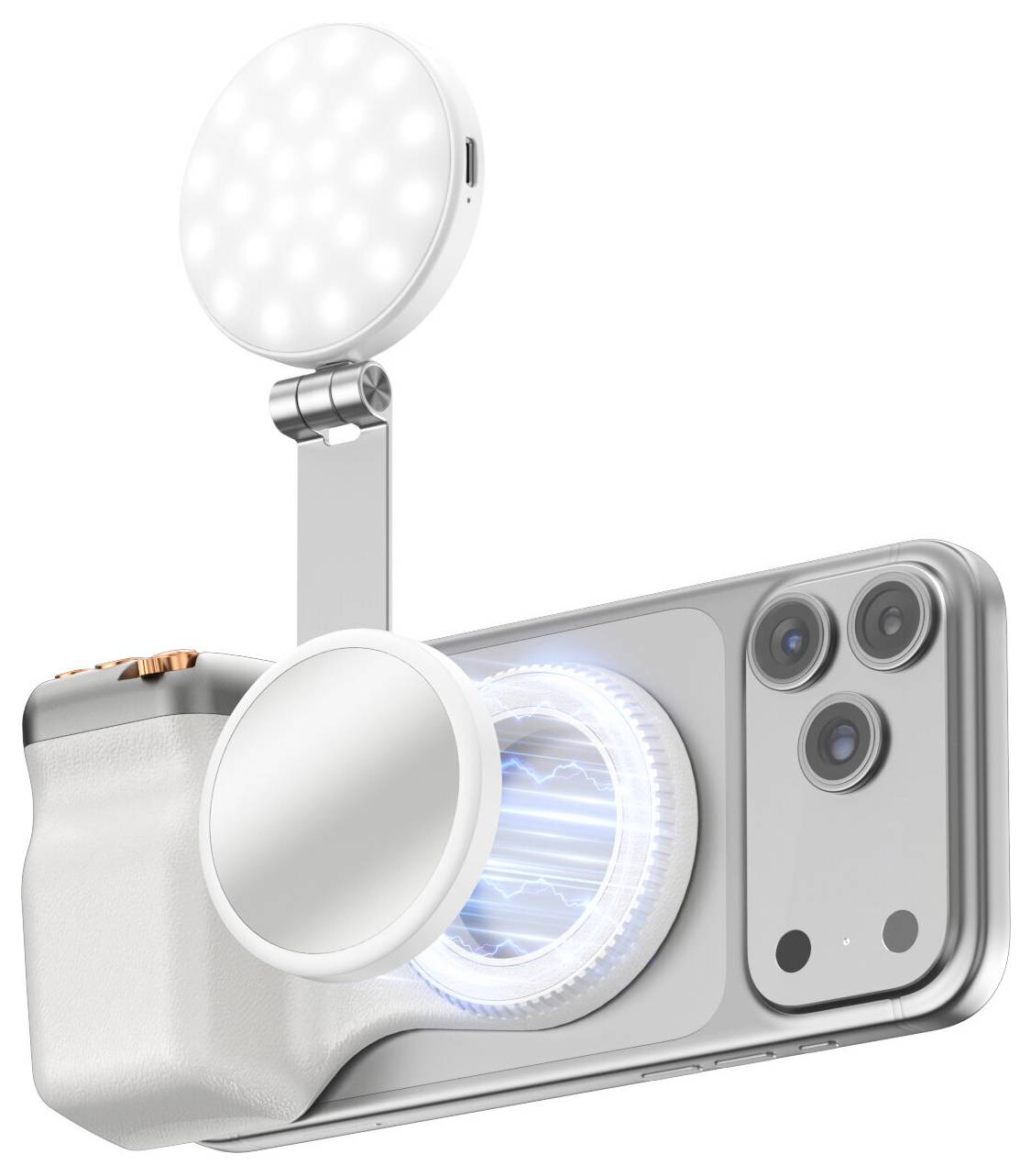 Smartphone mit angebrachtem kreisförmigem LED-Licht und Lupe-Zubehör, dargestellt in einer produktstilisierten Darstellung.