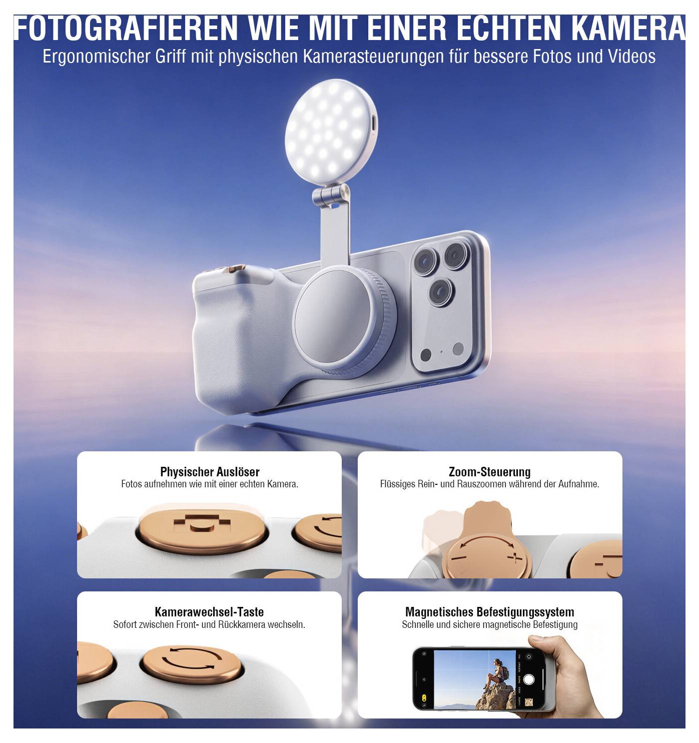 Werbegrafik eines Handy-Kamergriffs mit Linse, Licht und physischen Steuerelementen mit dem Titel „Fotografieren wie mit einer echten Kamera"; hebt den Auslöseknopf, die Zoomsteuerung, den Kamerawechsel und die Magnethalterung hervor.