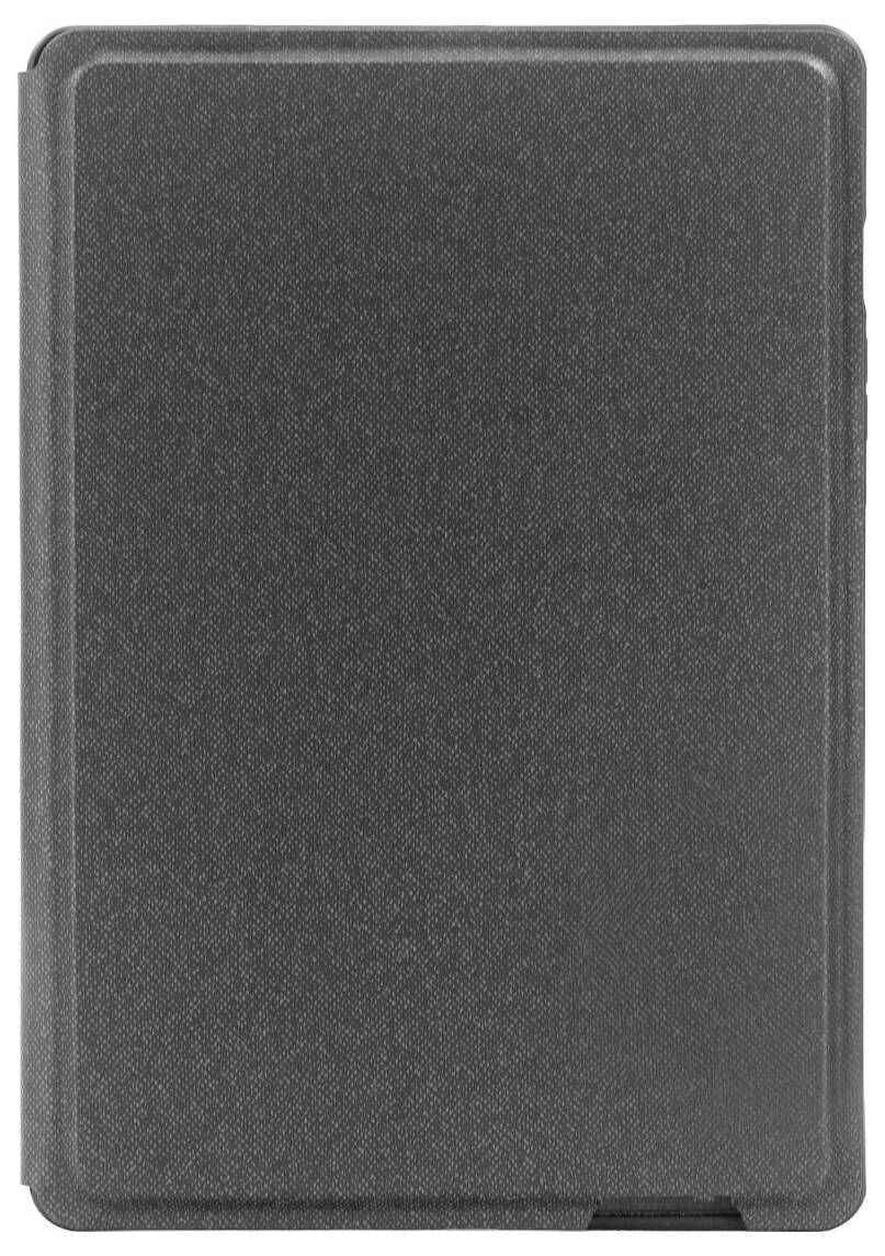 Schwarzes rechteckiges Tablet oder Schutzhülle in Vorderansicht auf weißem Hintergrund.