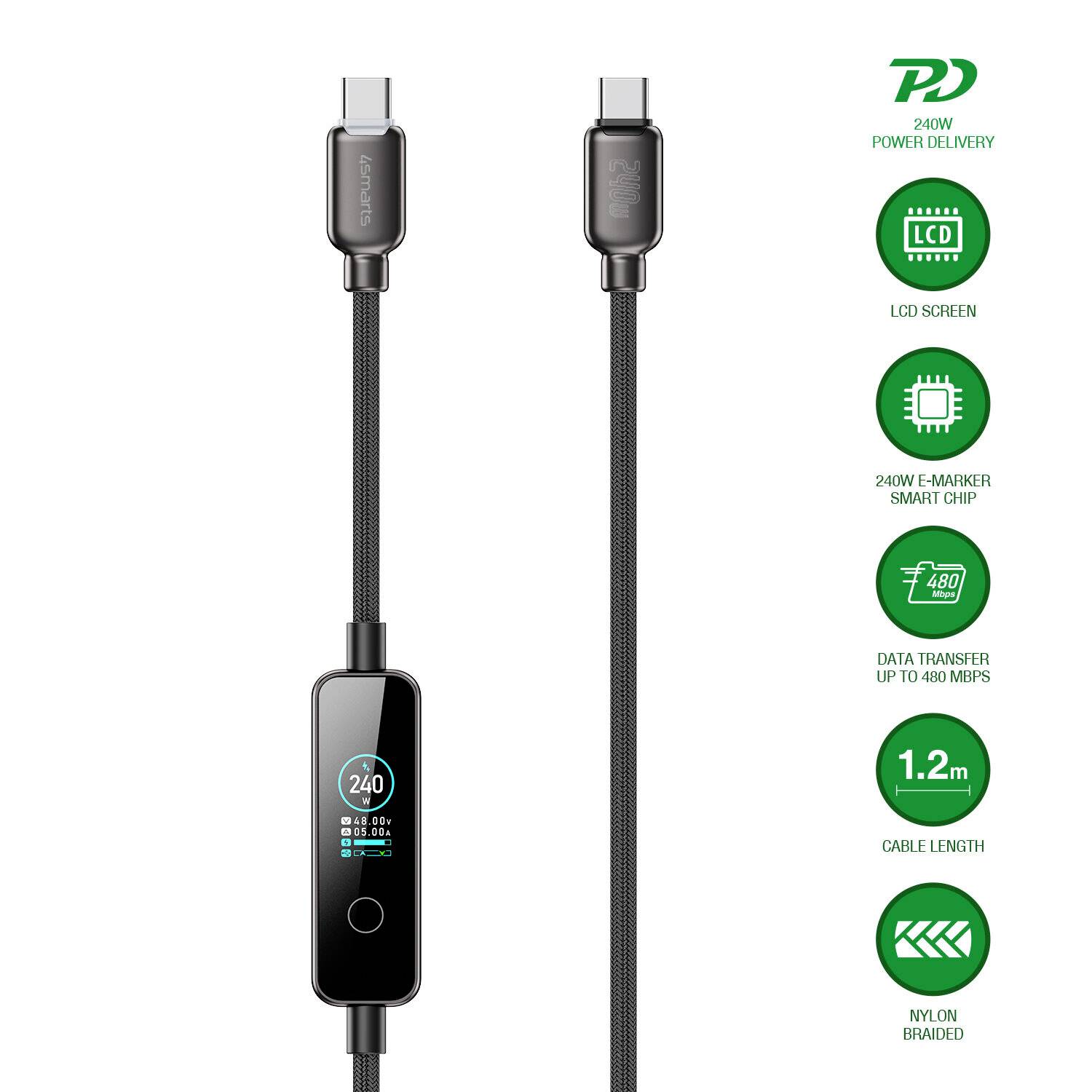 USB-C-Kabel mit integriertem LCD-Display, vorne und hinten abgebildet, zusammen mit Symbolen für 240W Power Delivery, E-Marker-Chip, 480 Mbps Übertragung, 1,2 m Länge und Nylongeflecht.