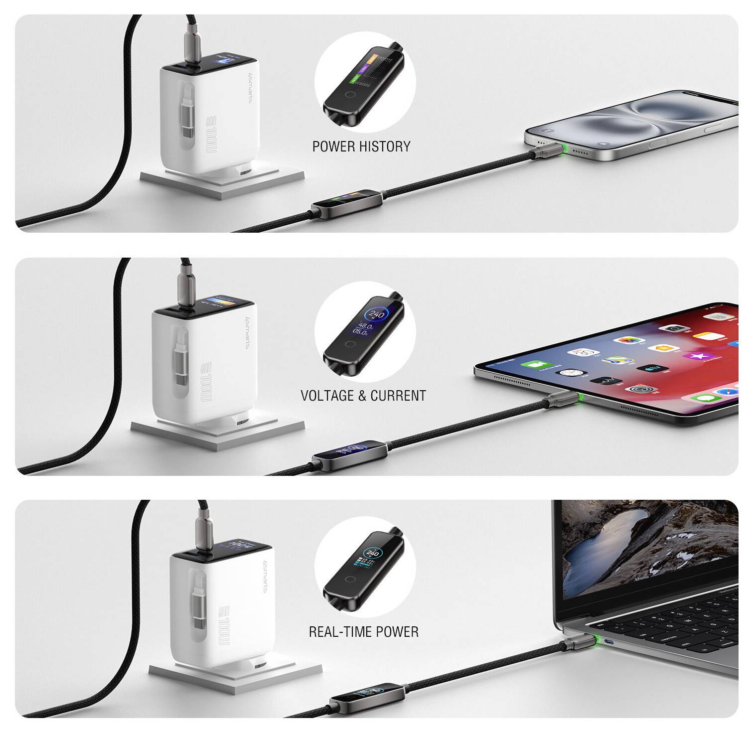 Dreiteiliges Produktgrafikbeispiel, das ein USB-C-Strommessgerät in Reihe mit einem Ladegerät und einem Gerät zeigt und die Stromhistorie, Spannung und Strom sowie die Echtzeitleistung auf verbundenem Telefon und Laptop hervorhebt.