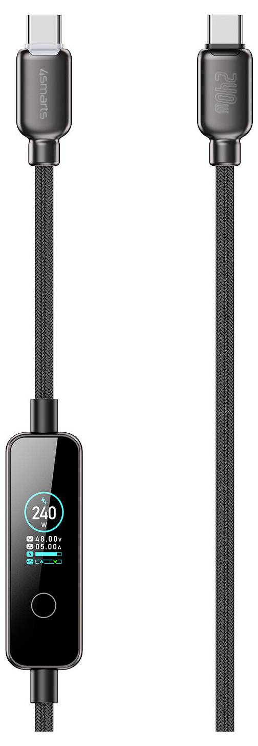 USB-C-Kabel mit integriertem Ladedisplay, das 240W, Stromstärke, Spannung und weitere Strominformationen auf einem schwarzen Steckermodul anzeigt.