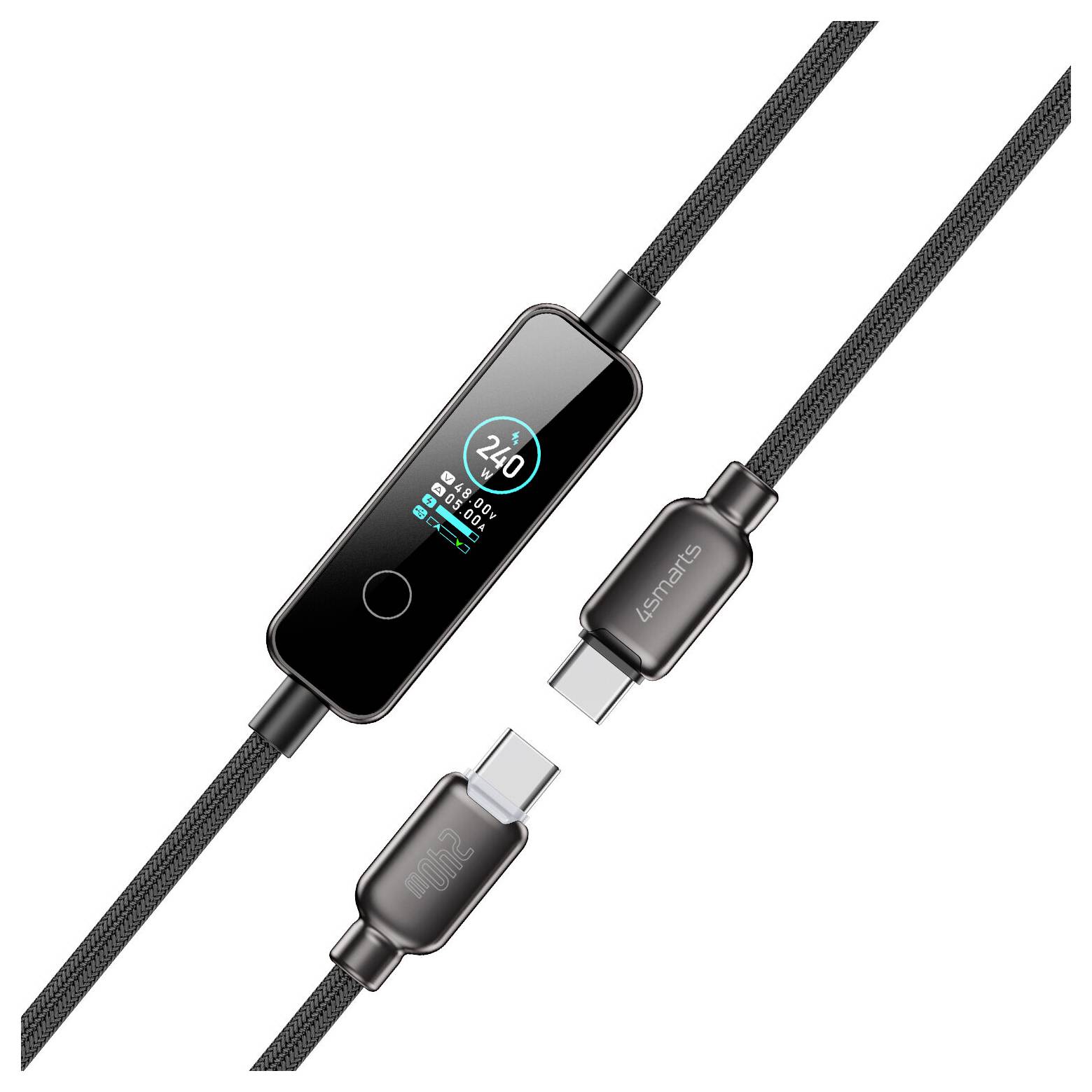 Schwarzes geflochtenes USB-C-Ladekabel mit integriertem Display, das den Ladestatus anzeigt, plus Nahaufnahme der USB-C-Anschlüsse und des Markennamens „Usmarts
