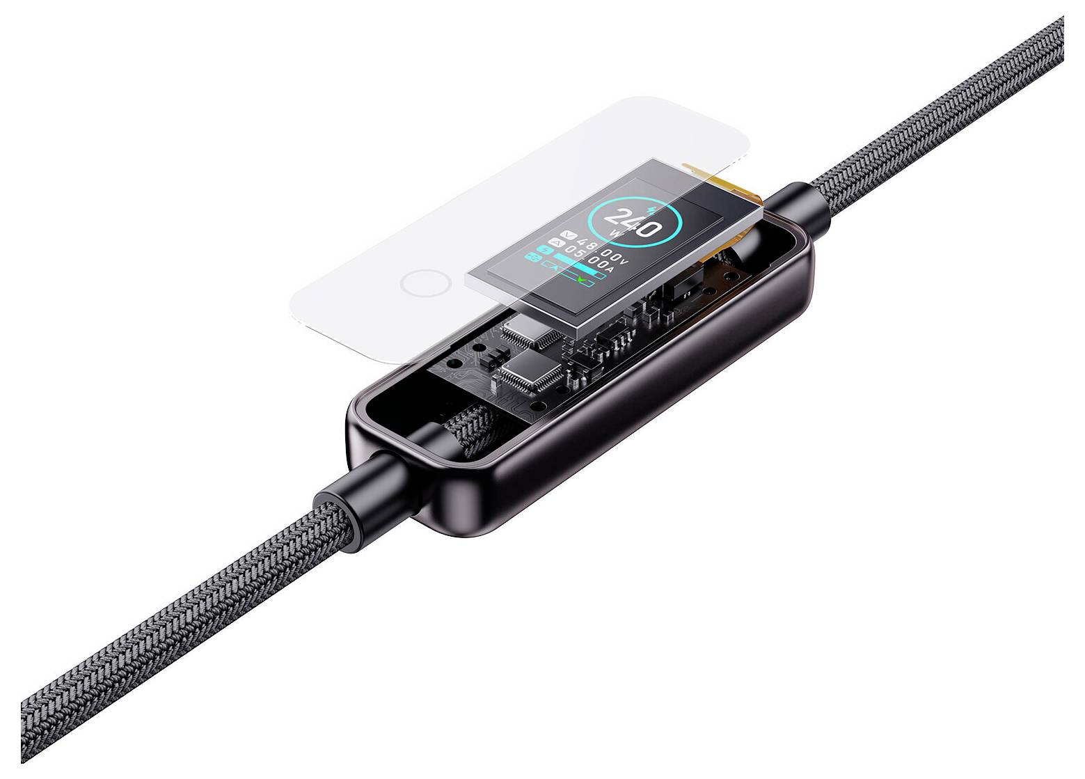 Explodierte Ansicht eines geflochtenen USB-C-Kabels mit integriertem Digital-Display-Modul und entfernter Schutzkappe, das die interne Elektronik zeigt.