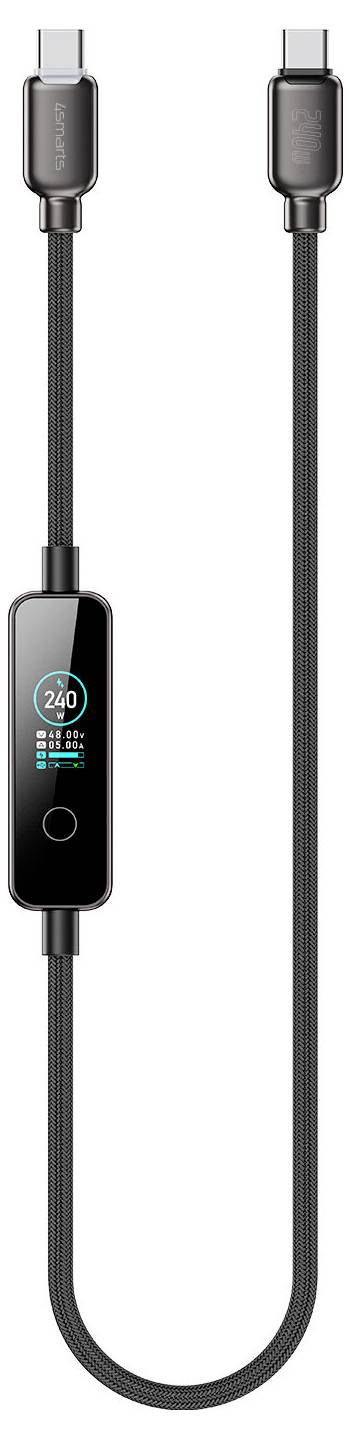 Ein schwarzes USB-C-Ladekabel mit integriertem digitalen Display, das die Stromabgabe anzeigt, und einer runden Steuertaste.