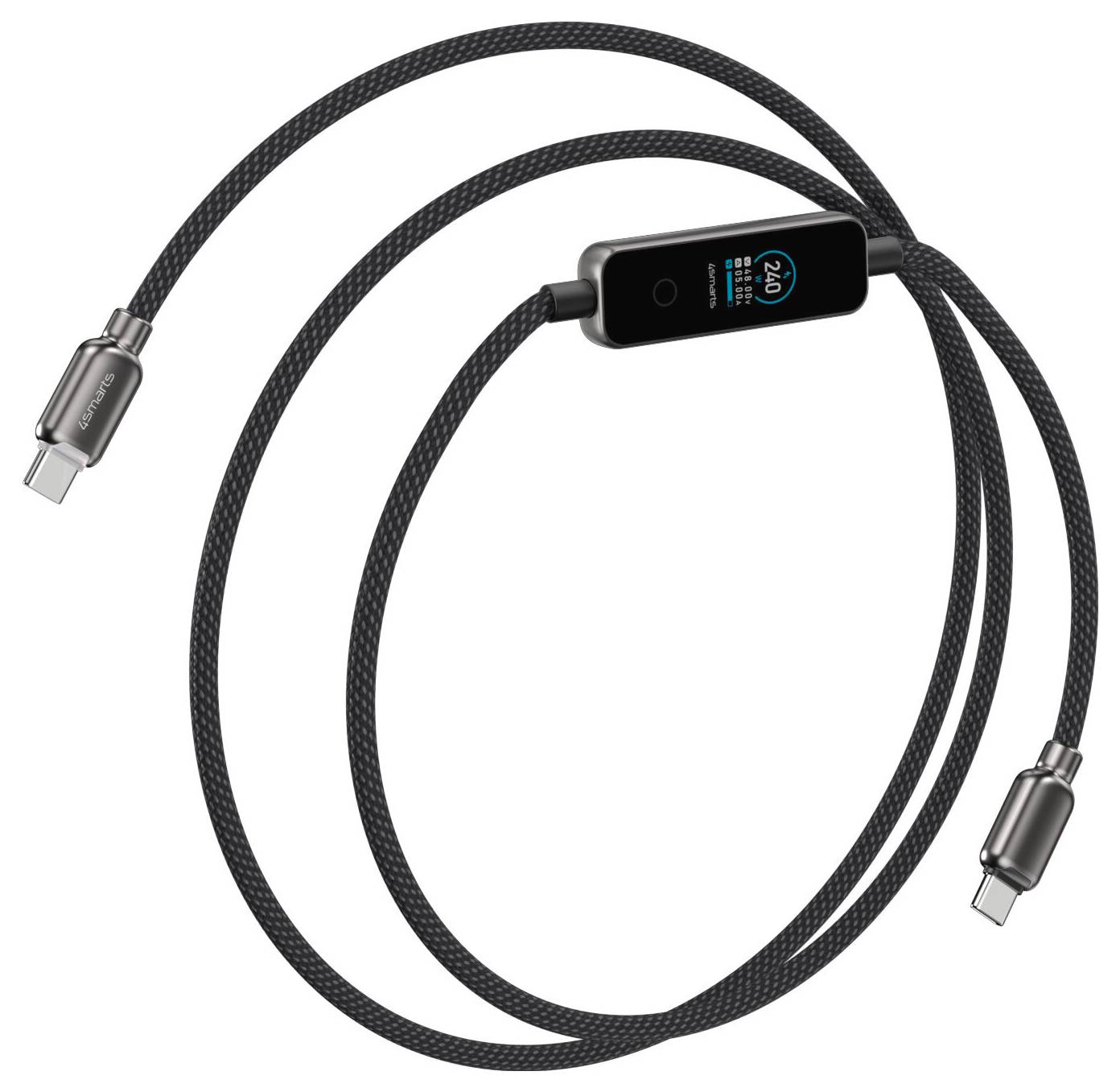 Schwarzes geflochtenes USB-C-Ladekabel mit integriertem digitalen Display und Metallsteckern auf weißem Hintergrund.