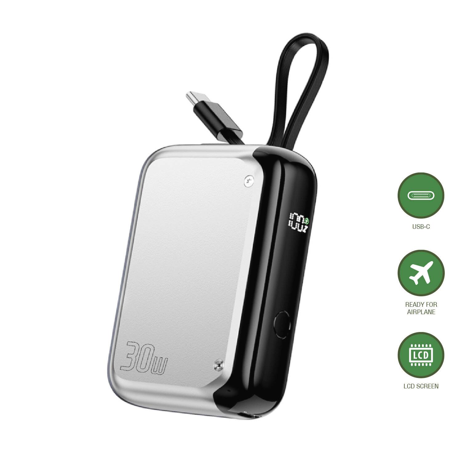 Tragbare 30-W-Powerbank mit integriertem Kabel, USB-C, flugtauglich und mit LC-Display auf weißem Hintergrund.