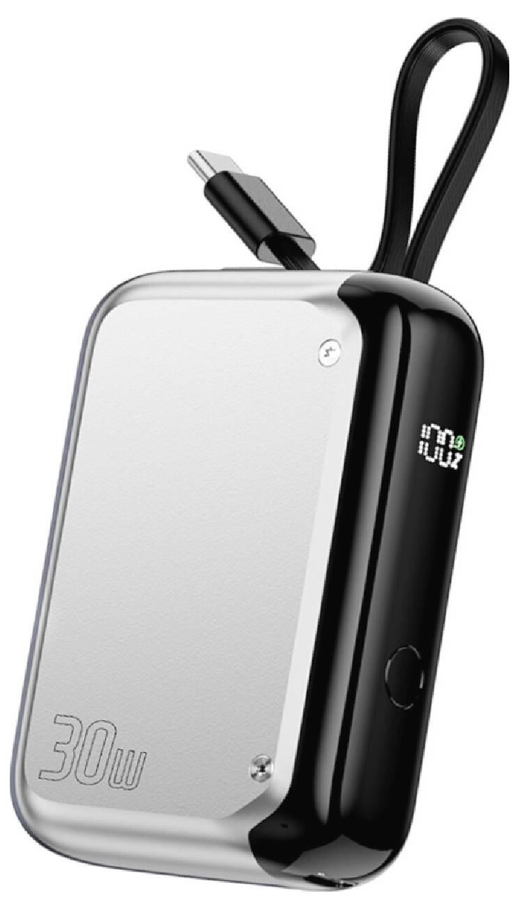 Tragbare 30-W-Powerbank mit angebrachtem USB-C-Kabel und digitaler Batterieladeanzeige auf der Seite.