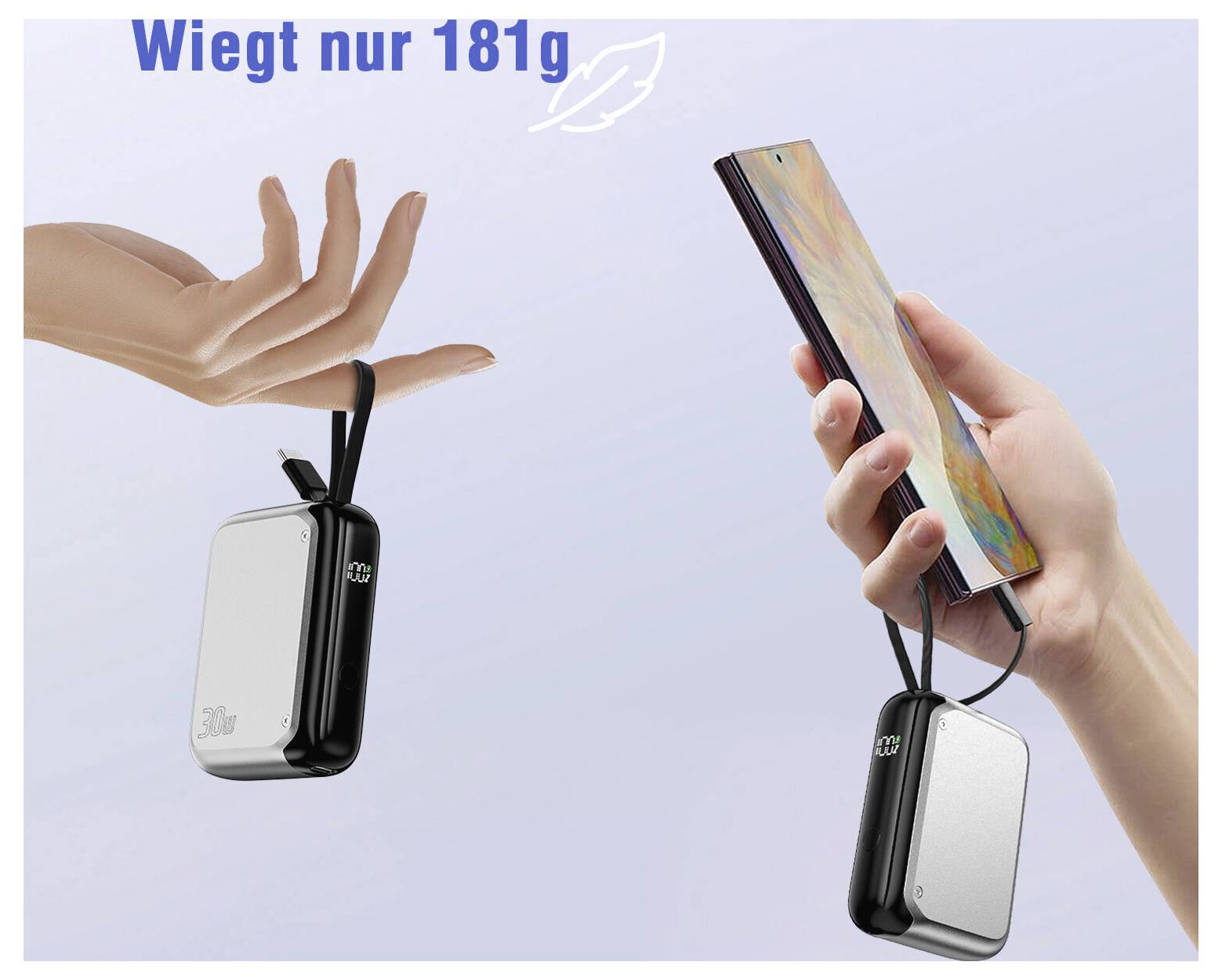 Produktanzeige mit einer leichten Powerbank, die an einer Hand hängt, und einem Smartphone, mit dem Text „Wiegt nur 181g", das sein Gewicht von 181 g hervorhebt.