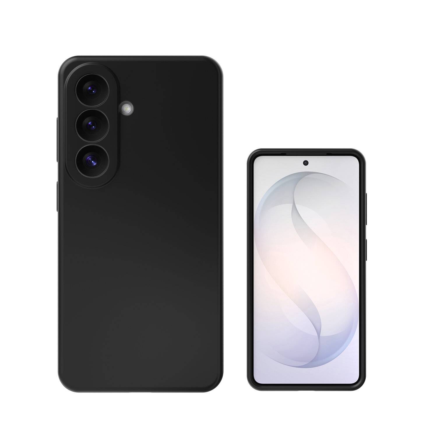 Schwarzes Smartphone von vorne und hinten gezeigt, mit dreifacher Rückfahrtkamera und Punch-Hole-Display auf weißem Hintergrund.