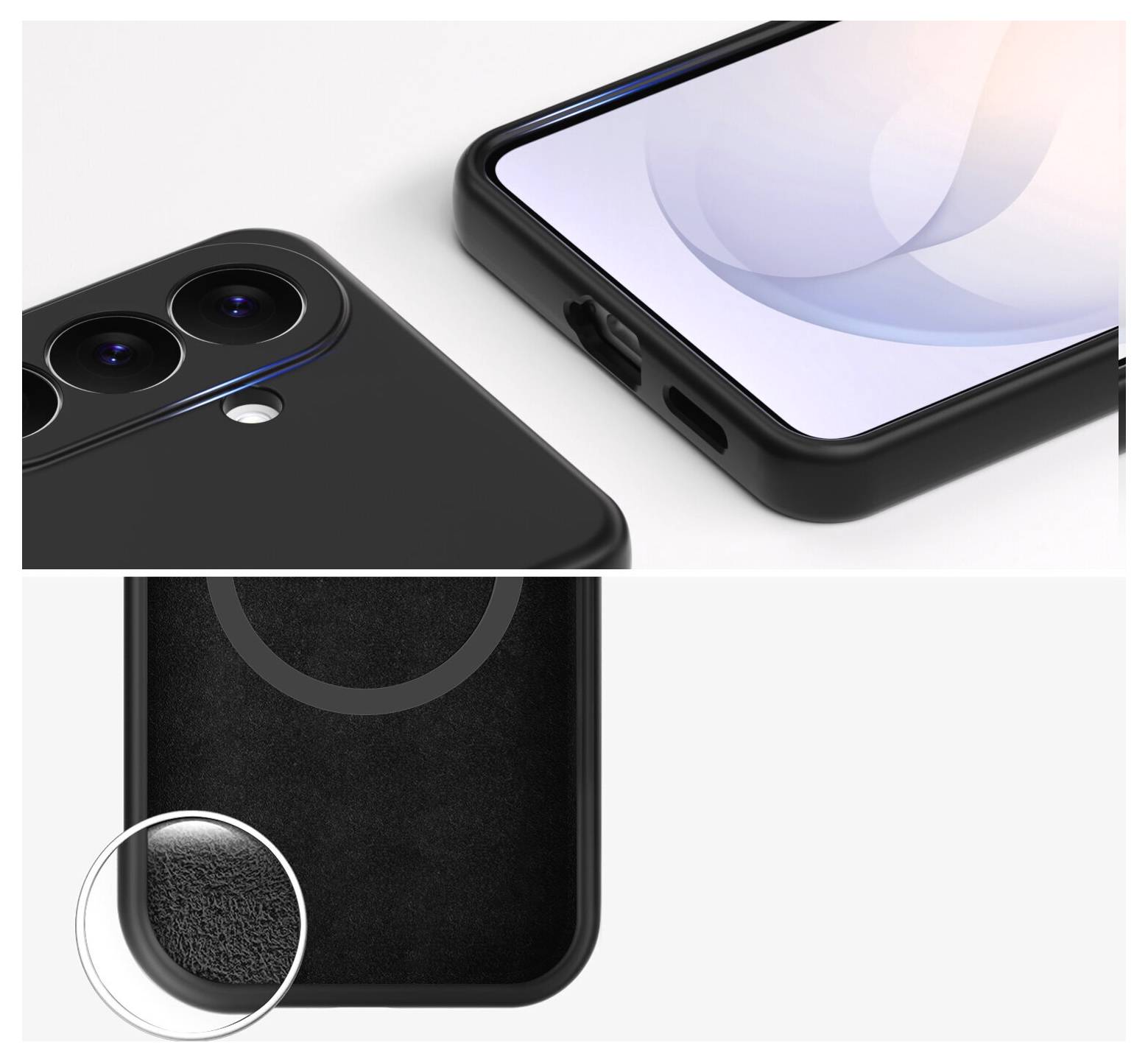 Produktdetailaufnahme einer schwarzen Smartphone-Hülle mit erhöhtem Dual-Kamera-Schutz, präzisen Aussparungen für Anschlüsse und strukturierter Ecke für besseren Halt.