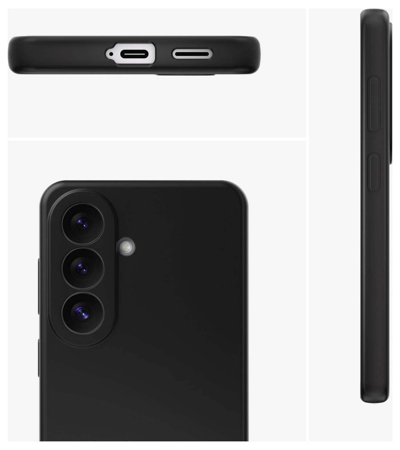 Schwarzes Smartphone in Vorder-, Seiten- und Draufsicht gezeigt, mit Hervorhebung der dreifachen rückseitigen Kameras und Anschlüsse.