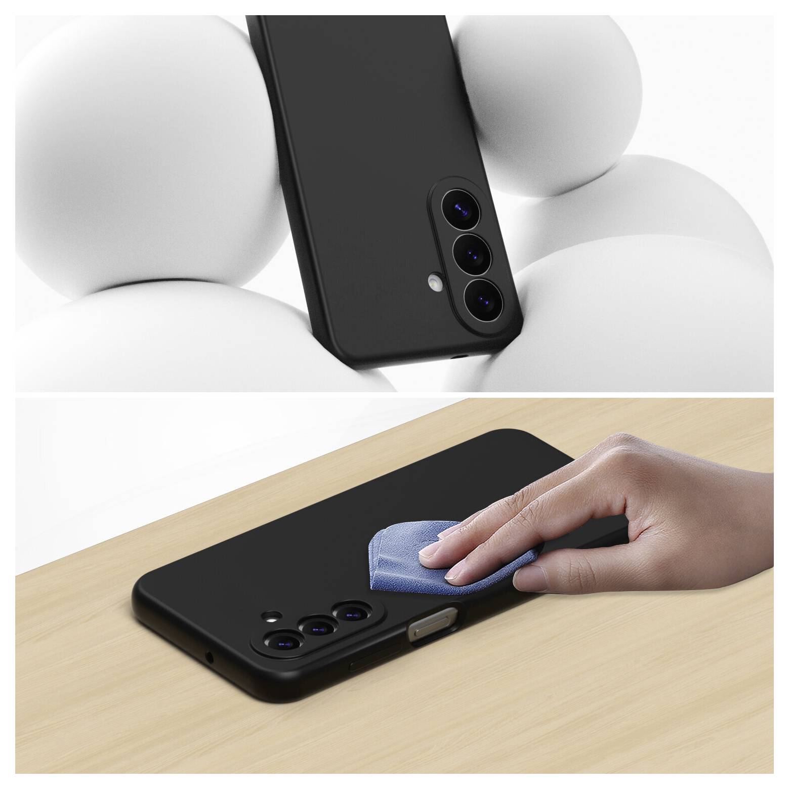 Zwei Ansichten der rückseitigen Kameras eines schwarzen Smartphones: eine in einem weißen kissenartigen Ständer, die andere wird mit einem Tuch auf einem Holztisch abgewischt.