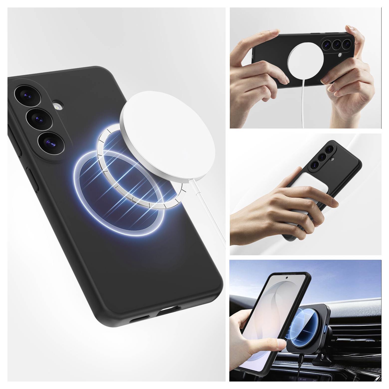 Magnetischer Smartphone-Ringhalter für einfachen Griff und freihändige Montage, gezeigt angebracht und verwendet im Auto und in der Hand.