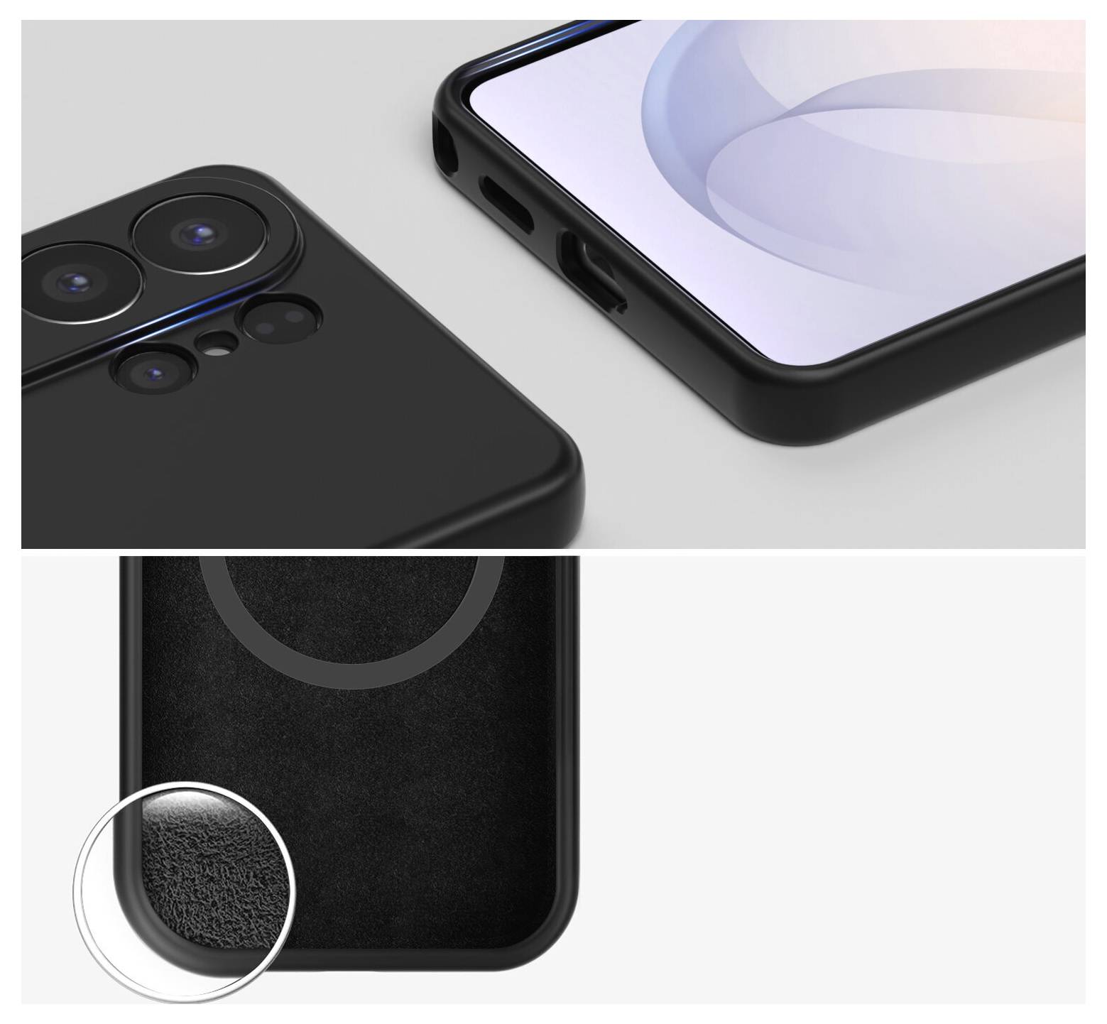 Schwarzes Smartphone in Nahaufnahme, das die hinteren Kameralitsen und Details des Ladeanschlusses hervorhebt, mit einer vergrößerten Ecke des strukturierten Gehäuses.