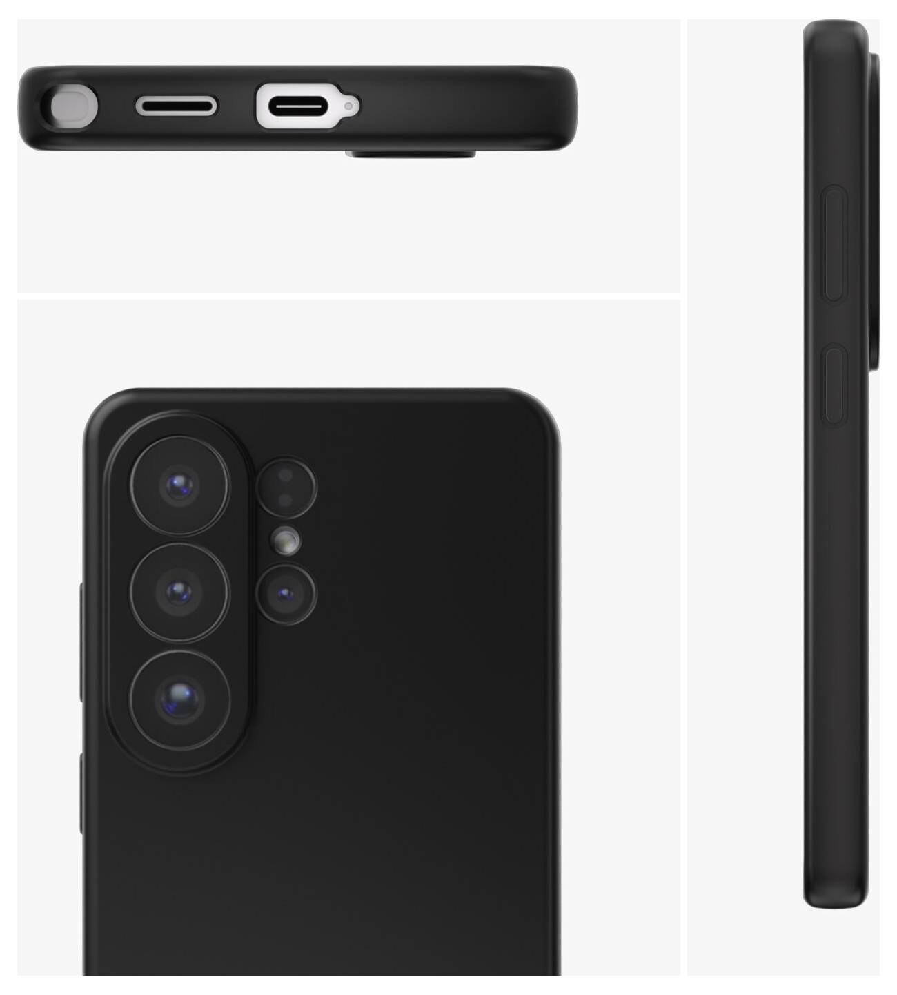Schwarzes Smartphone in drei Ansichten dargestellt, wobei das hintere Triple-Kamera-Layout und das Seitenprofil mit Tasten-Ausschnitten hervorgehoben werden.