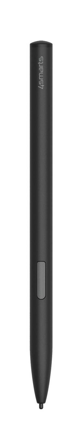 Schwarzer Stylus-Stift mit schlankem zylindrischem Körper und Clip, vertikal auf weißem Hintergrund gezeigt.